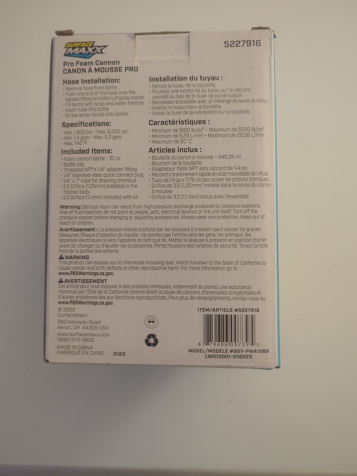 SURFACEMAXX Pro Foam Cannon 5000 MAX PSI Fully Adjustable Fan Pattern