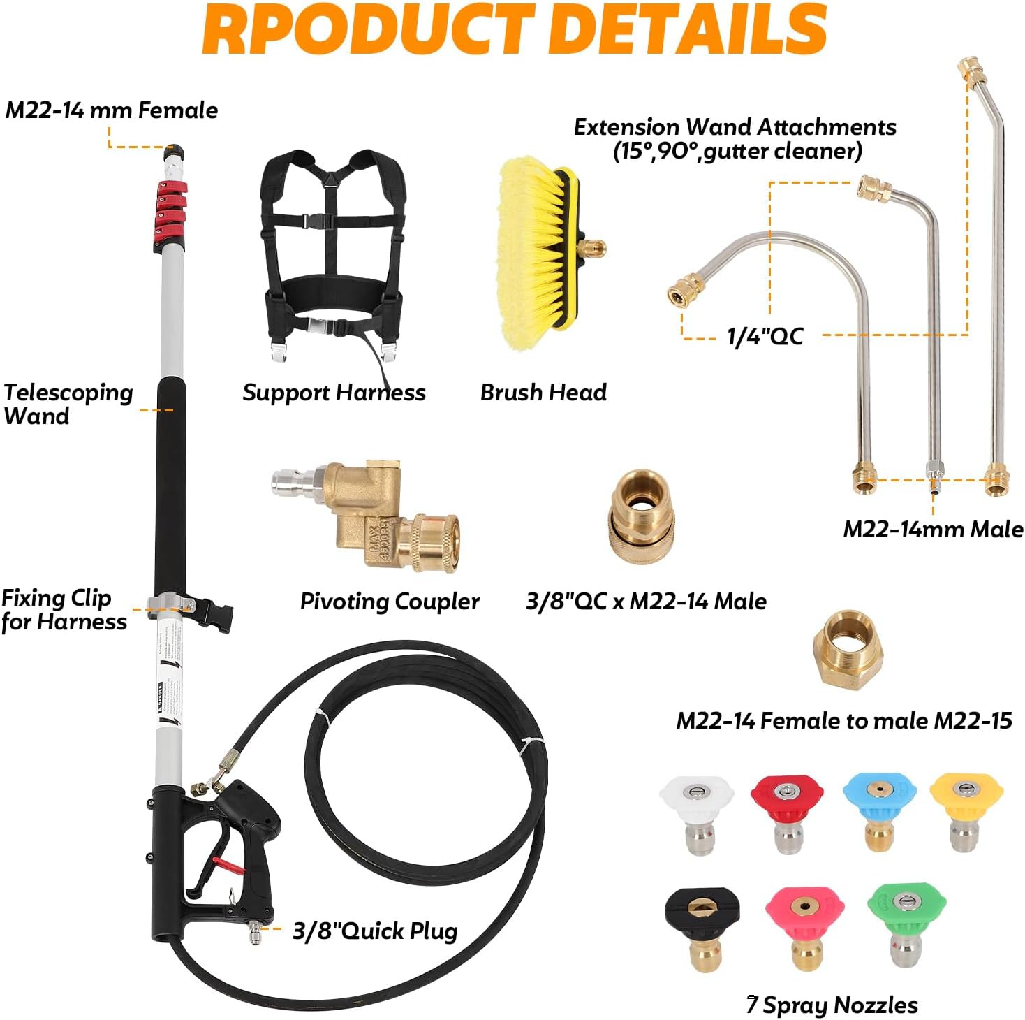 Telescoping Pressure Washer Wand, 24FT Power Washer Extension Wand with 7 Spray