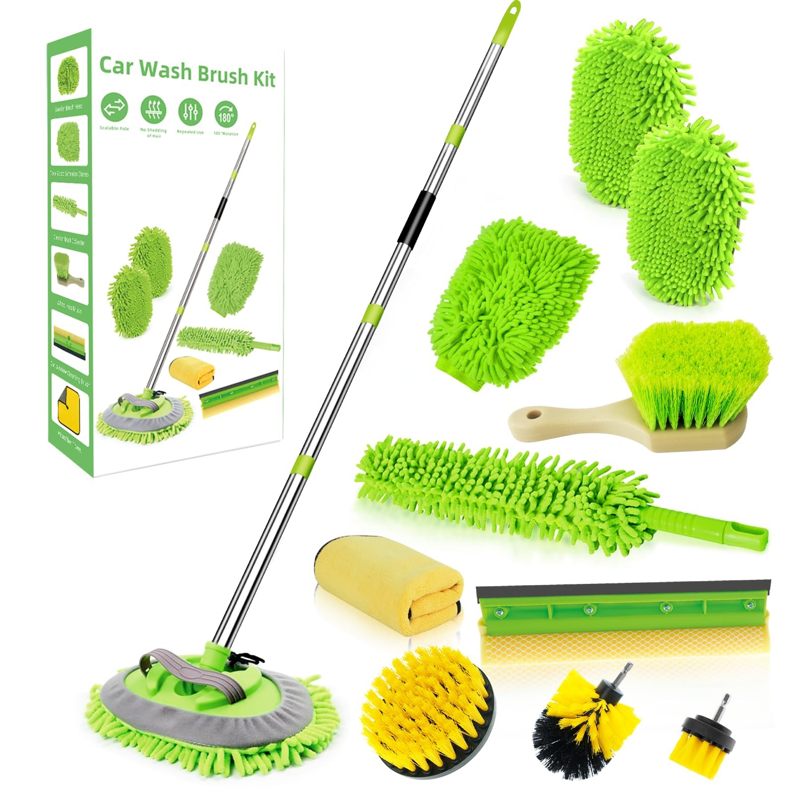 62″ Car Wash Brush with Long Handle Chenille Microfiber 14 Pack, Green
