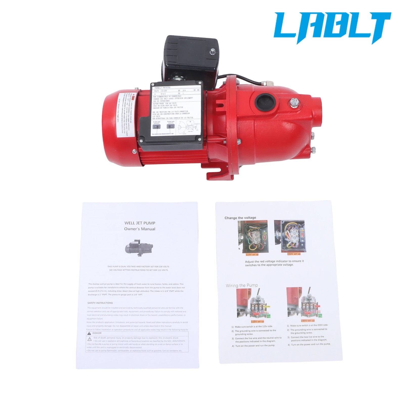 LABLT Red Shallow Well Jet Pump 3/4 HP 13 GPM Cast Iron, 115/230V Dual Voltage