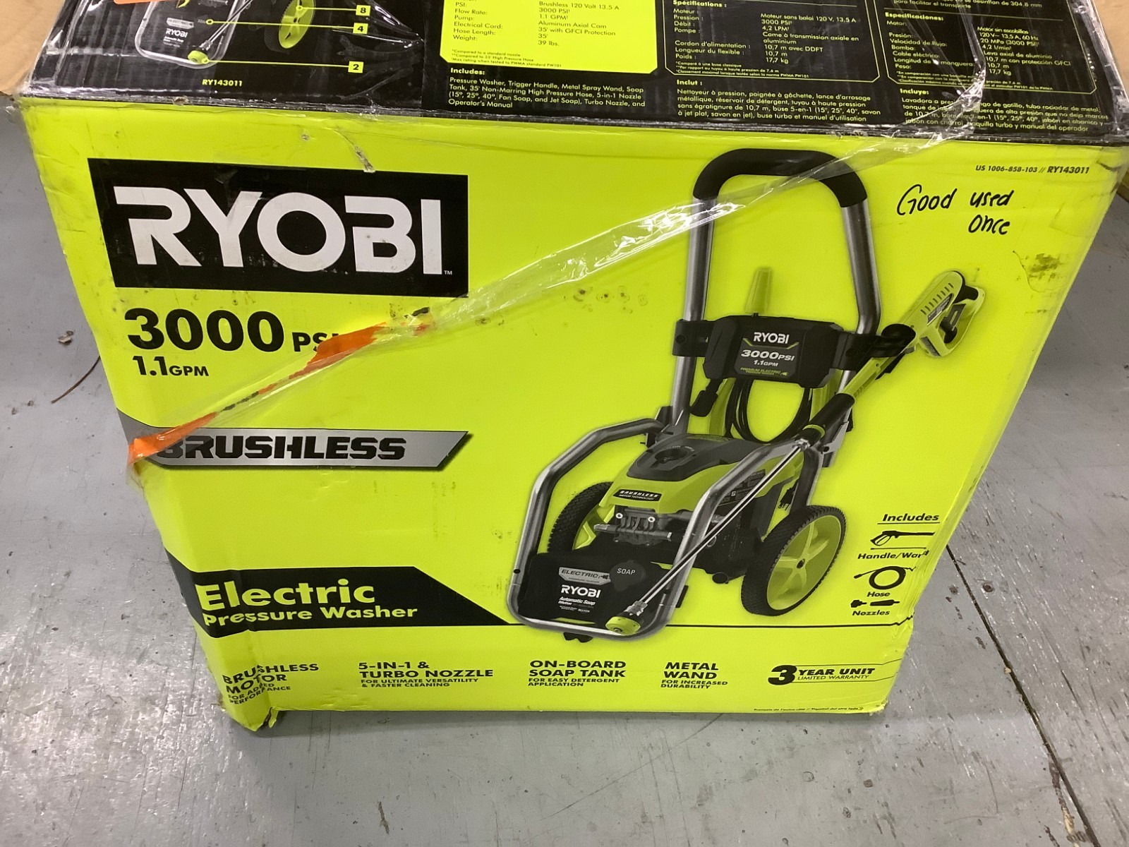 RYOBI 3000 PSI 1.1 GPM Cold Water Electric Pressure Washer RY143011