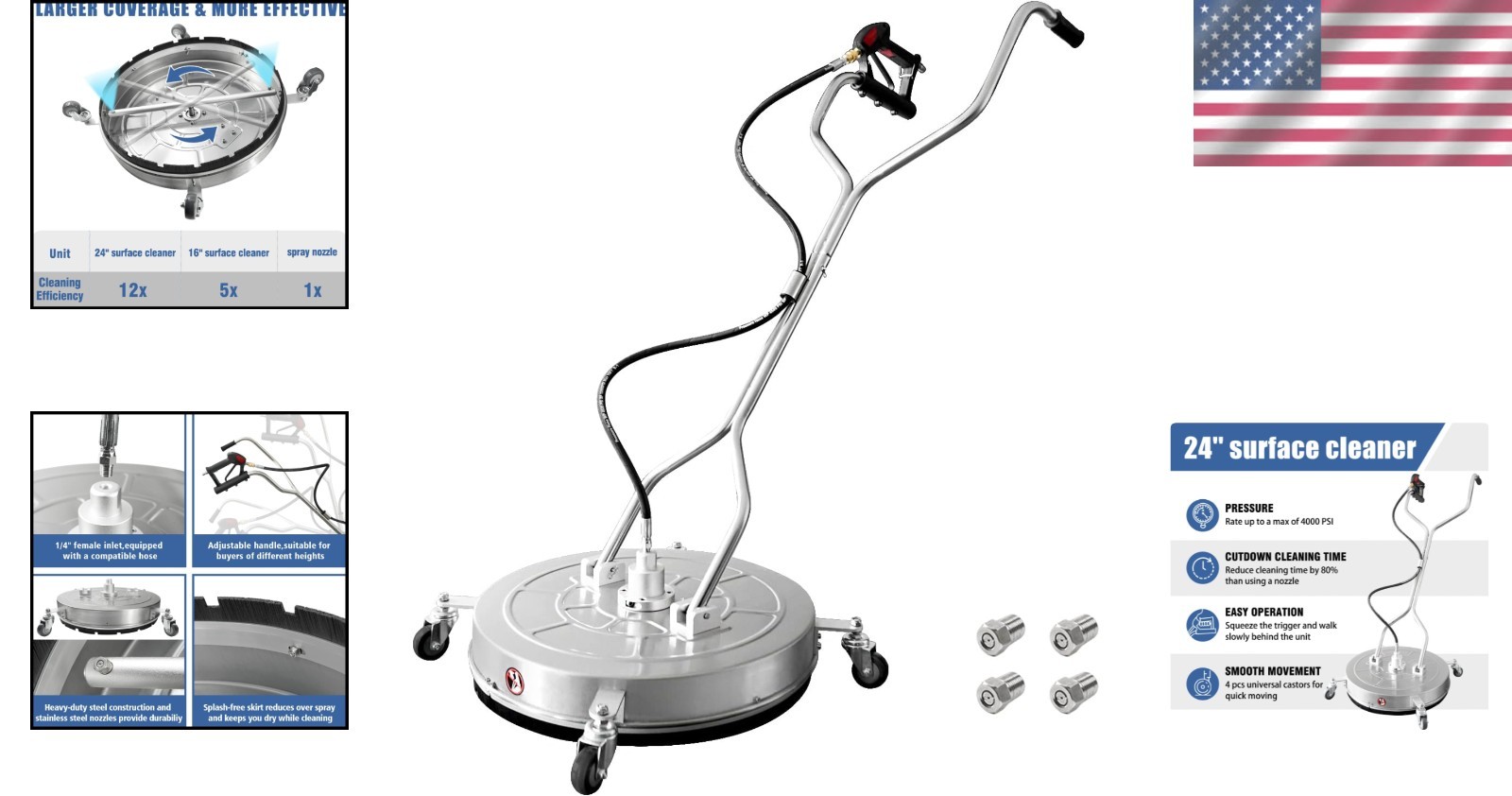 Dual Handle Surface Cleaner with 4 Wheels – Stainless Steel