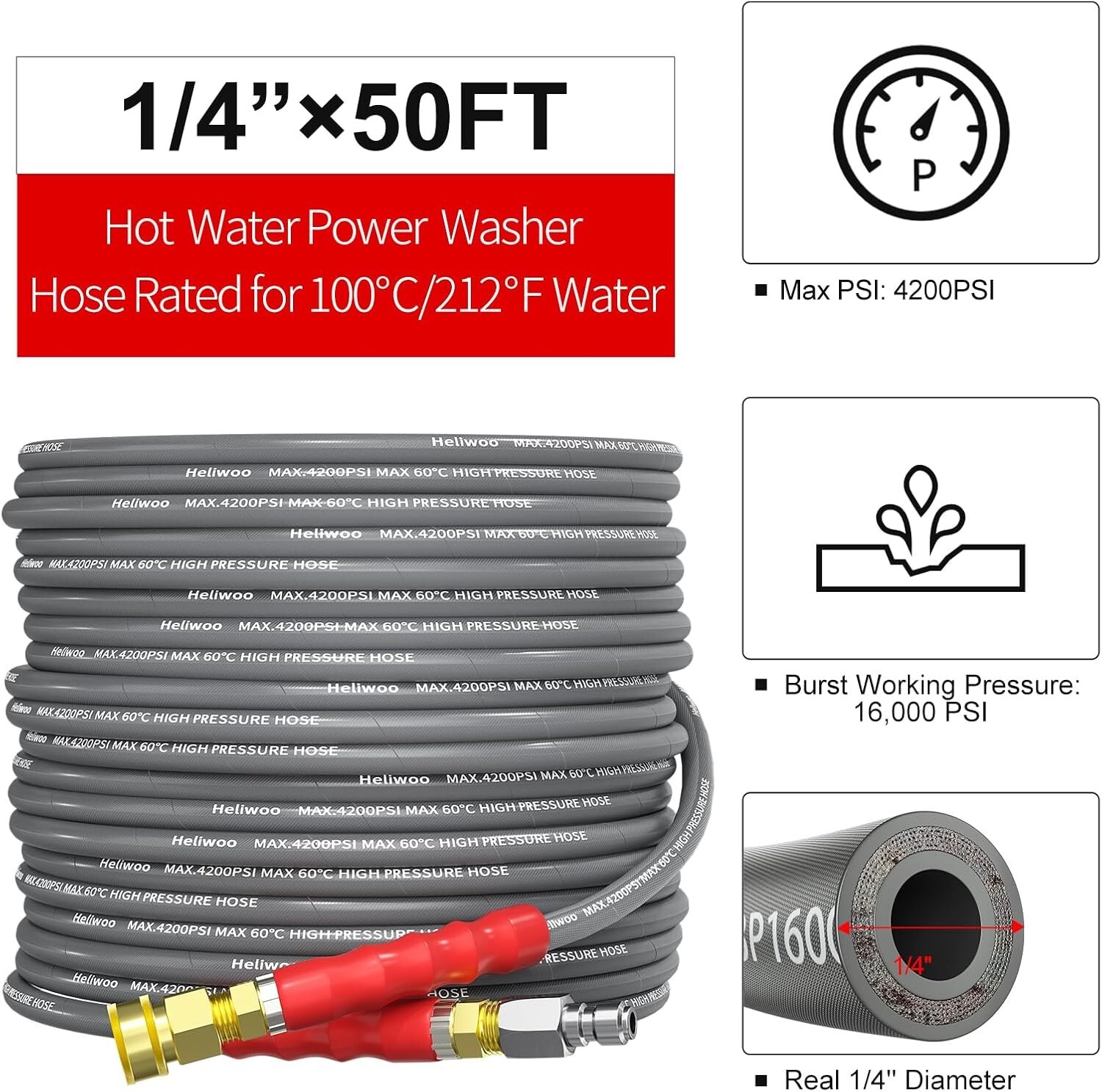 Heliwoo 50FT 4200PSI Pressure Washer Hose 1/4″ Flexible Wire Power Washer Hose