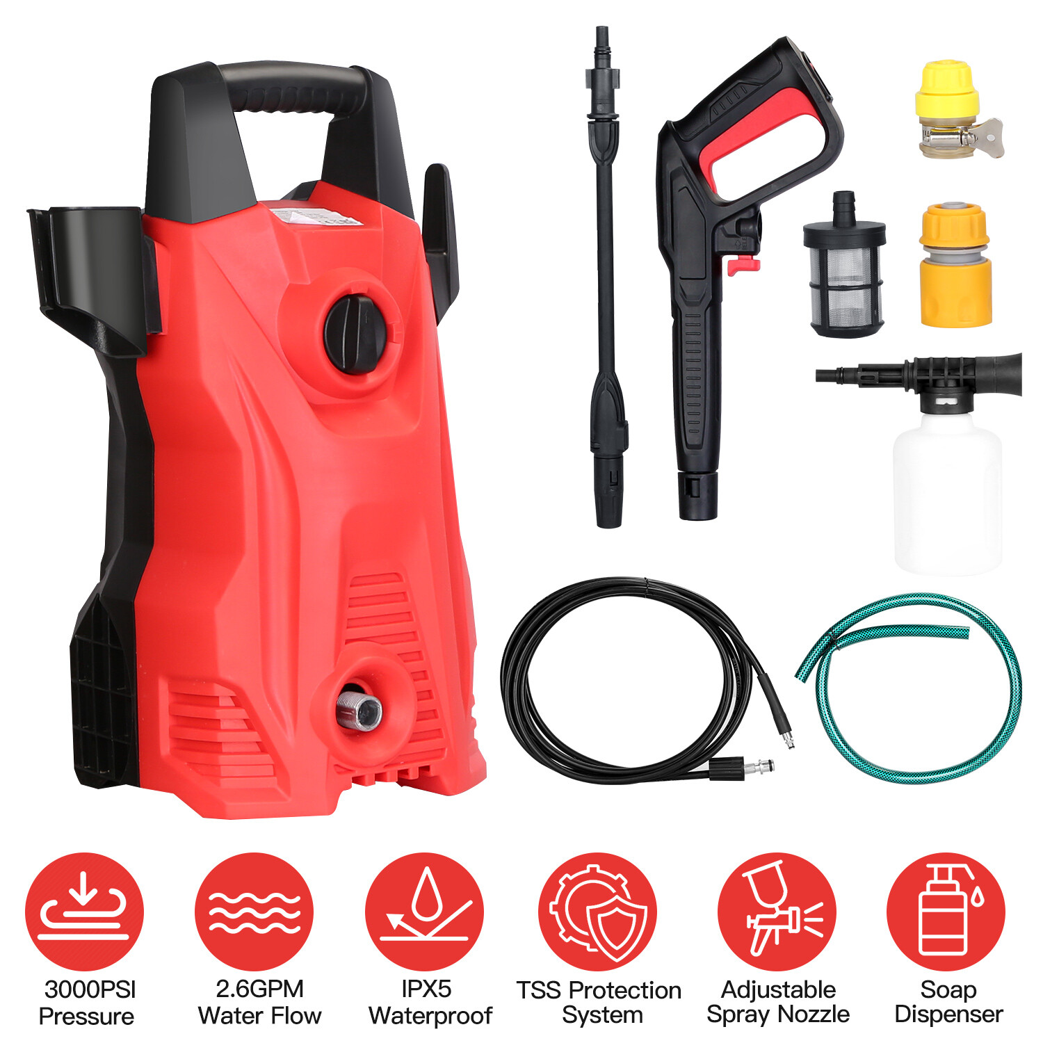 3000 PSI Powerful Electric High Pressure Washer Extended Rod Nozzle 16.4FT Hose