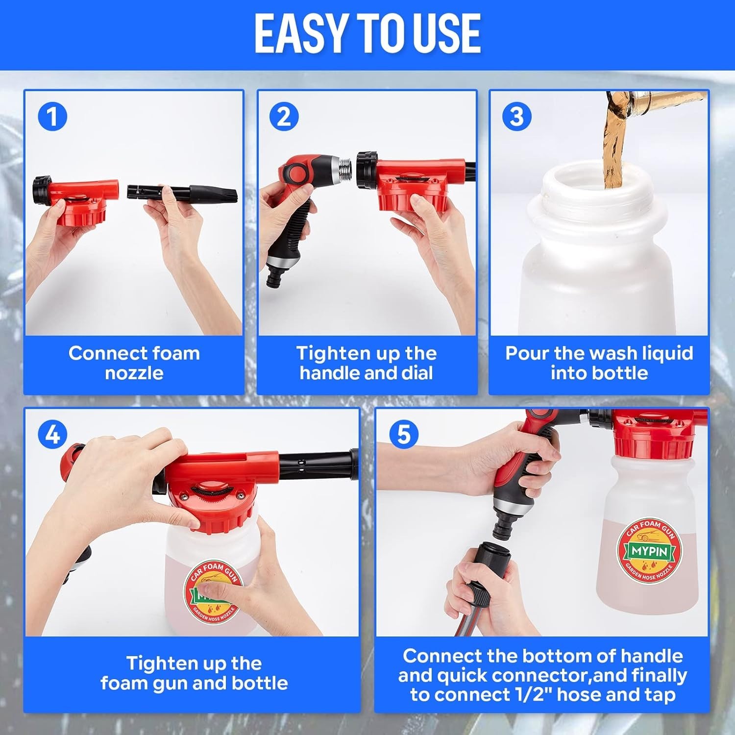 16 in 1 Car Wash Foam Gun Hose Sprayer Adjustable 2.5-6 Bar Nozzles