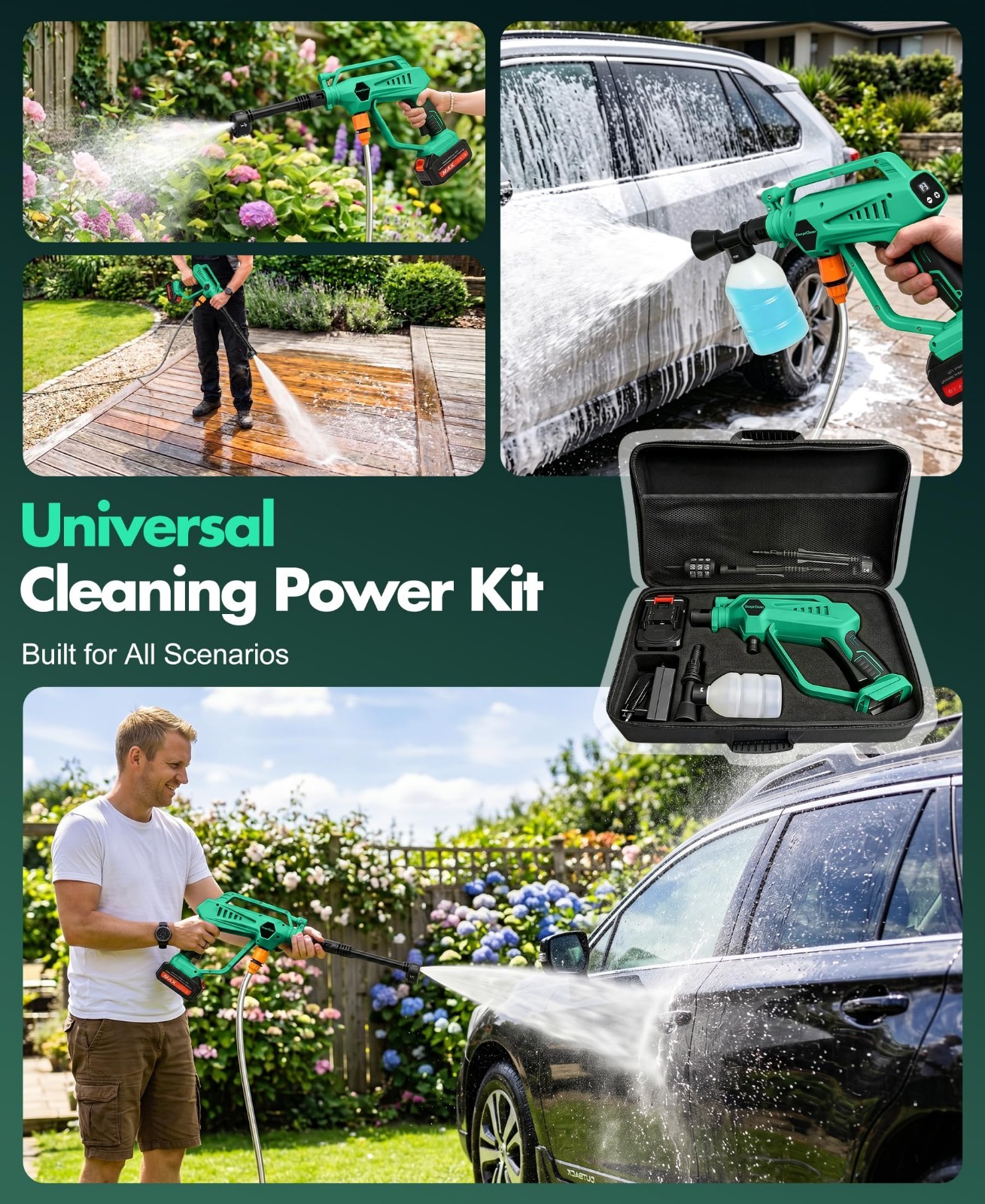 Portable Cordless Car Washer – 6-in-1 Nozzle, Brushless Motor, 3 Adjustable Leve