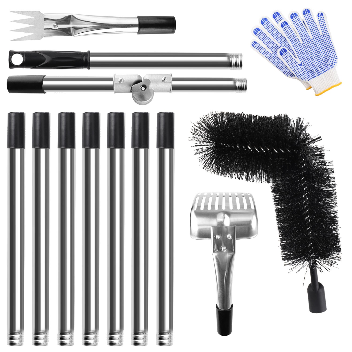 3-in-1 Gutter Cleaning Tools with Brush Rake Scoop Glove 180° Rotating Pole