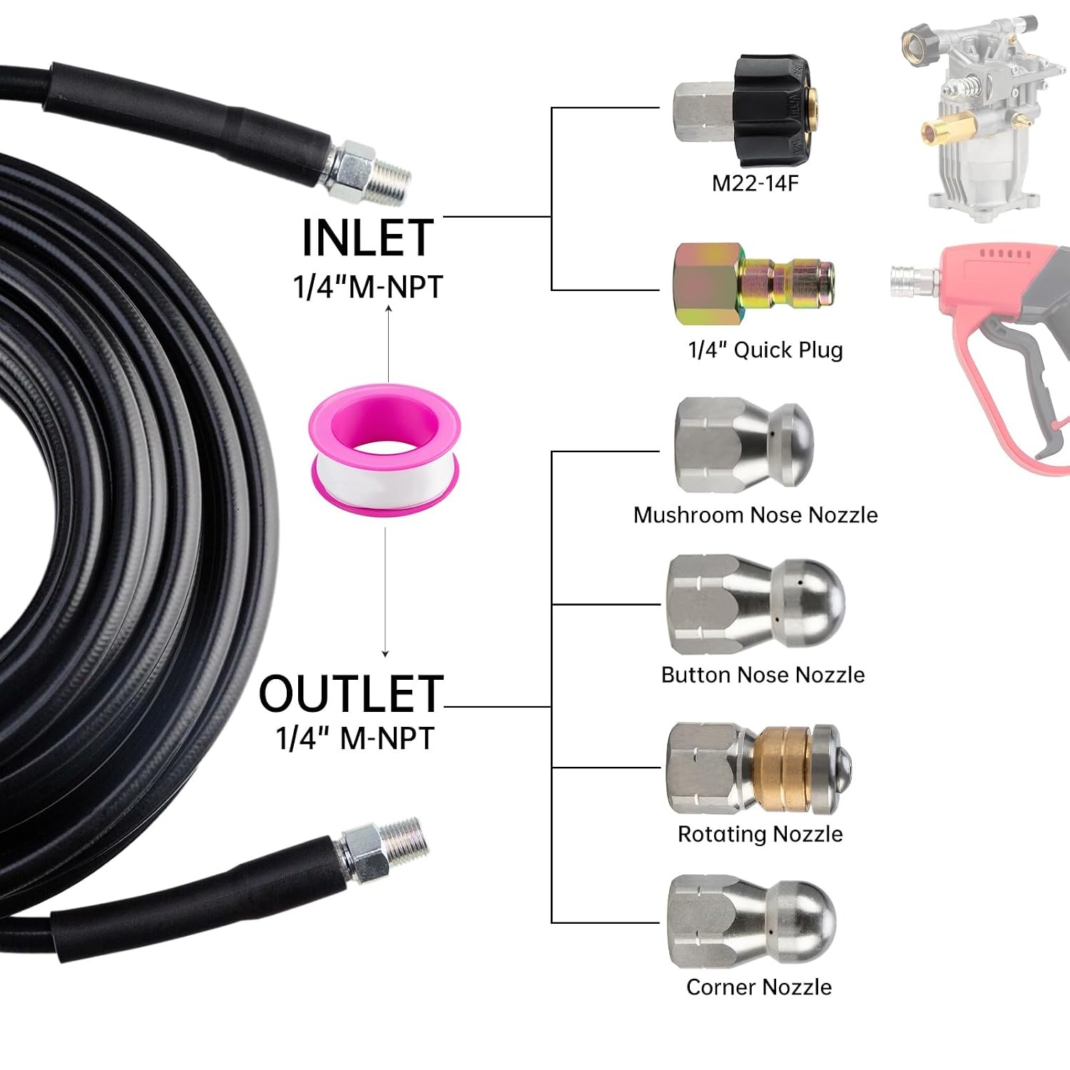 Pressure Washer Sewer Jetter Kit 50FT Drain Cleaner Hose 1/4 Inch NPT Corner