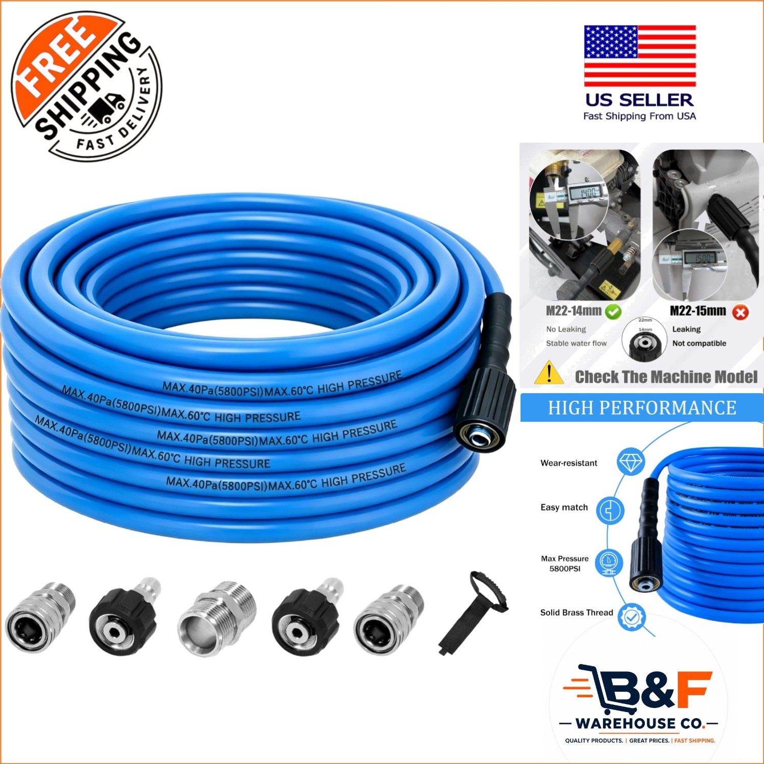50FT Blue Pressure Washer Hose – 5800 PSI Kink-Resistant with Quick Connector