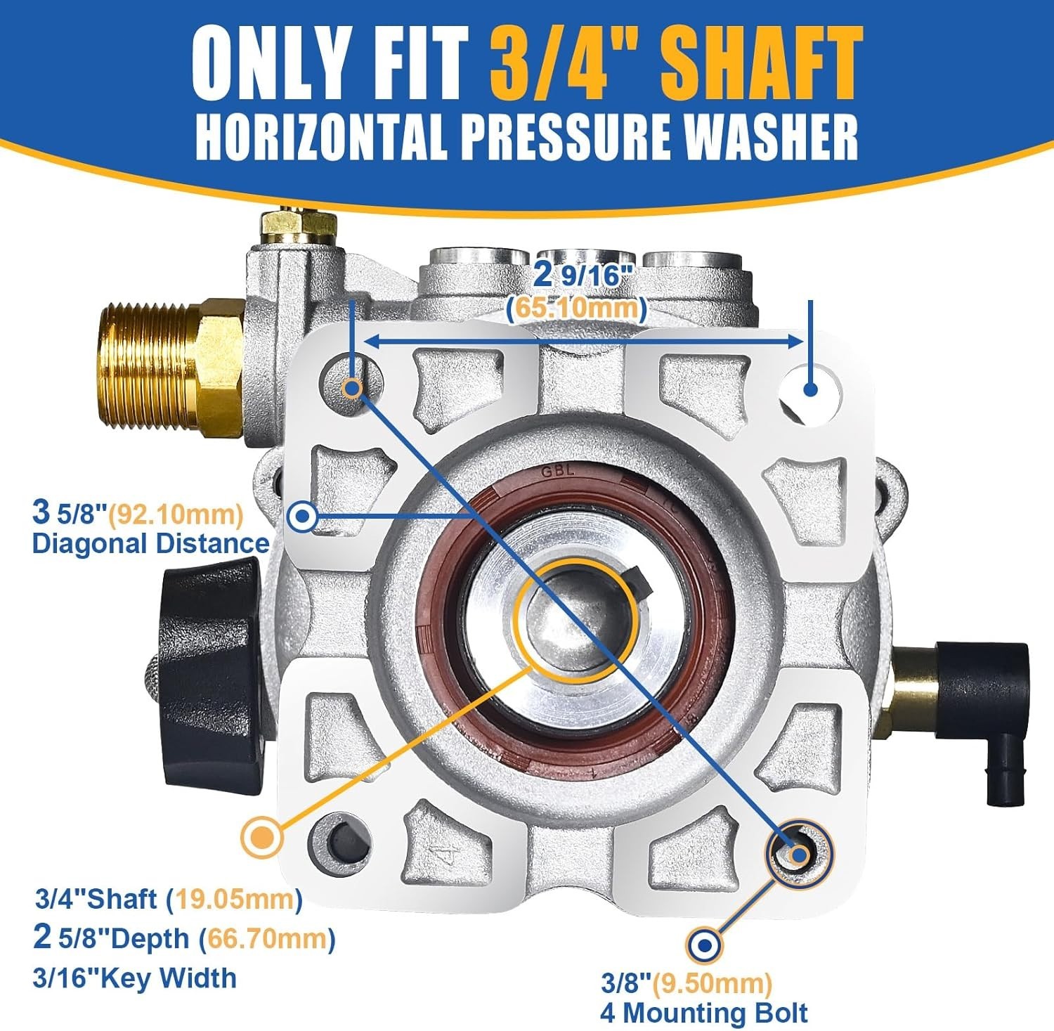TOOLCY 3/4″ Horizontal Pressure Washer Pump 2600-3200PSI 2.5GPM for Honda Ryobi