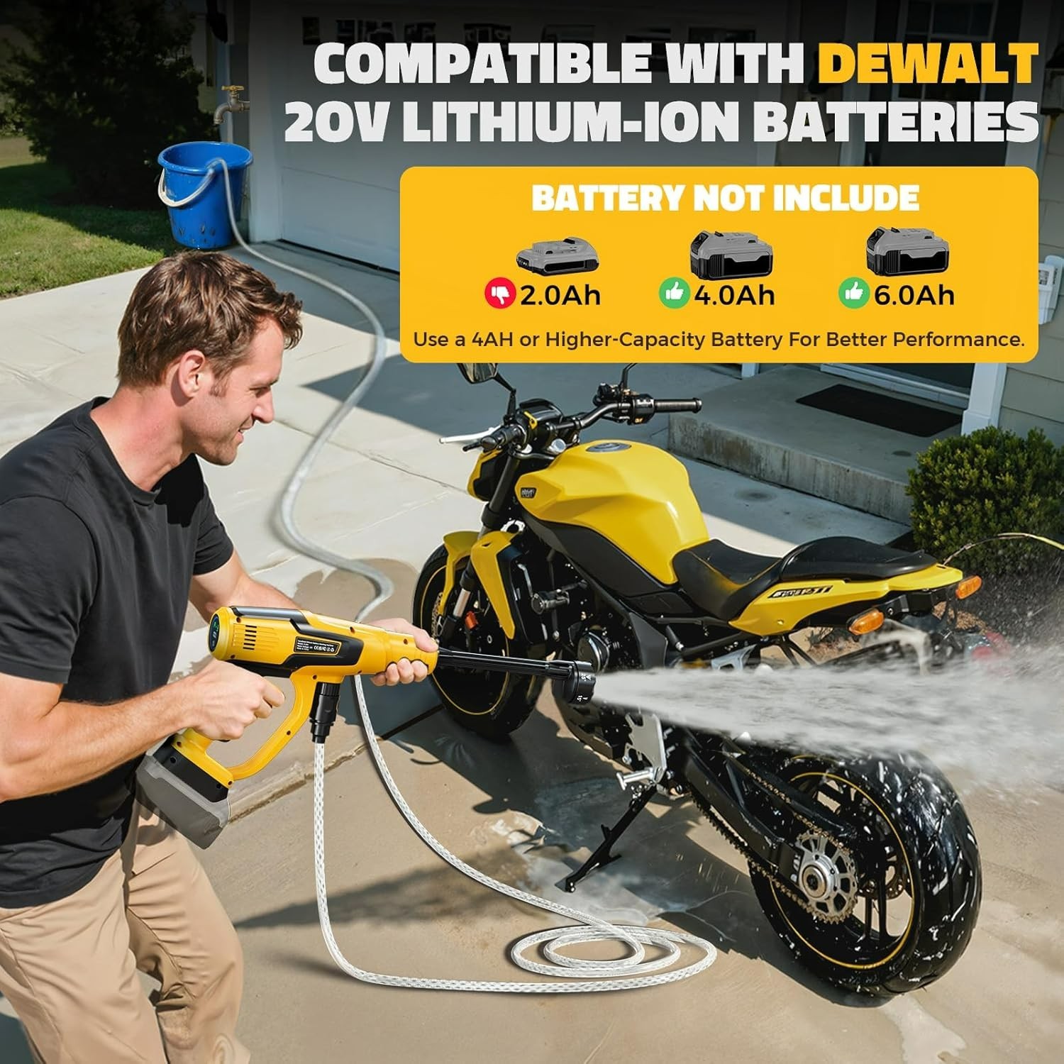 1200PSI Cordless Pressure Washer for DeWalt 20V Battery 6-in-1 Nozzle Foam Canno