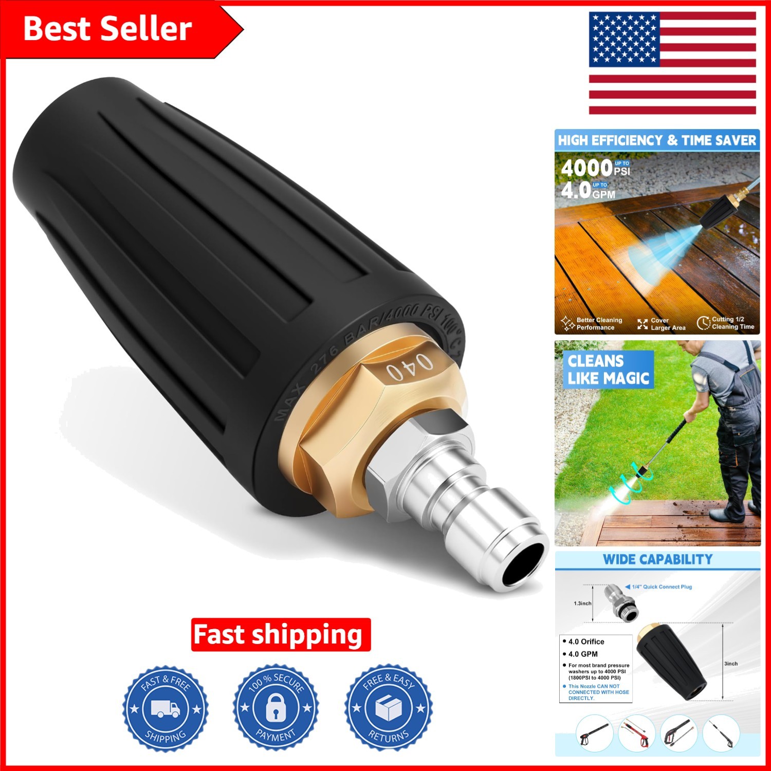 High Efficiency Turbo Nozzle – 4000 PSI Rotating Nozzle with 1/4 Quick Connect
