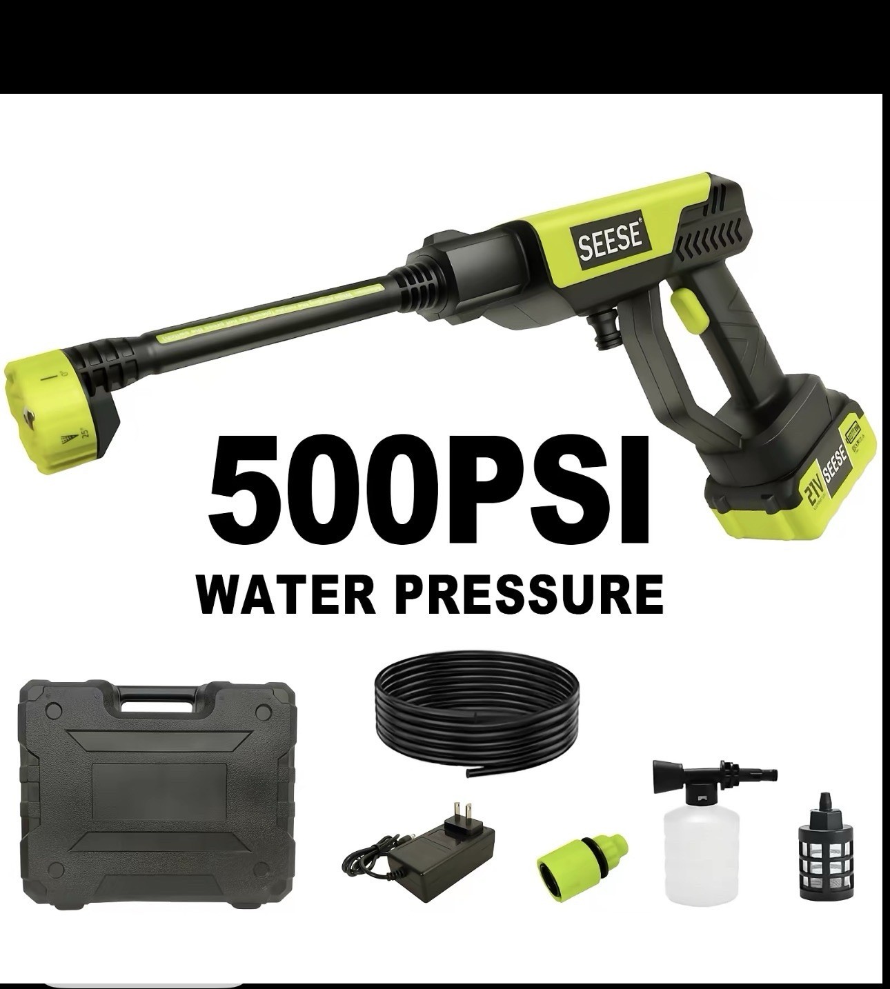 SEESE 21V Cordless Portable Pressure Washer 1000 PSI Water Gun Kit Battery