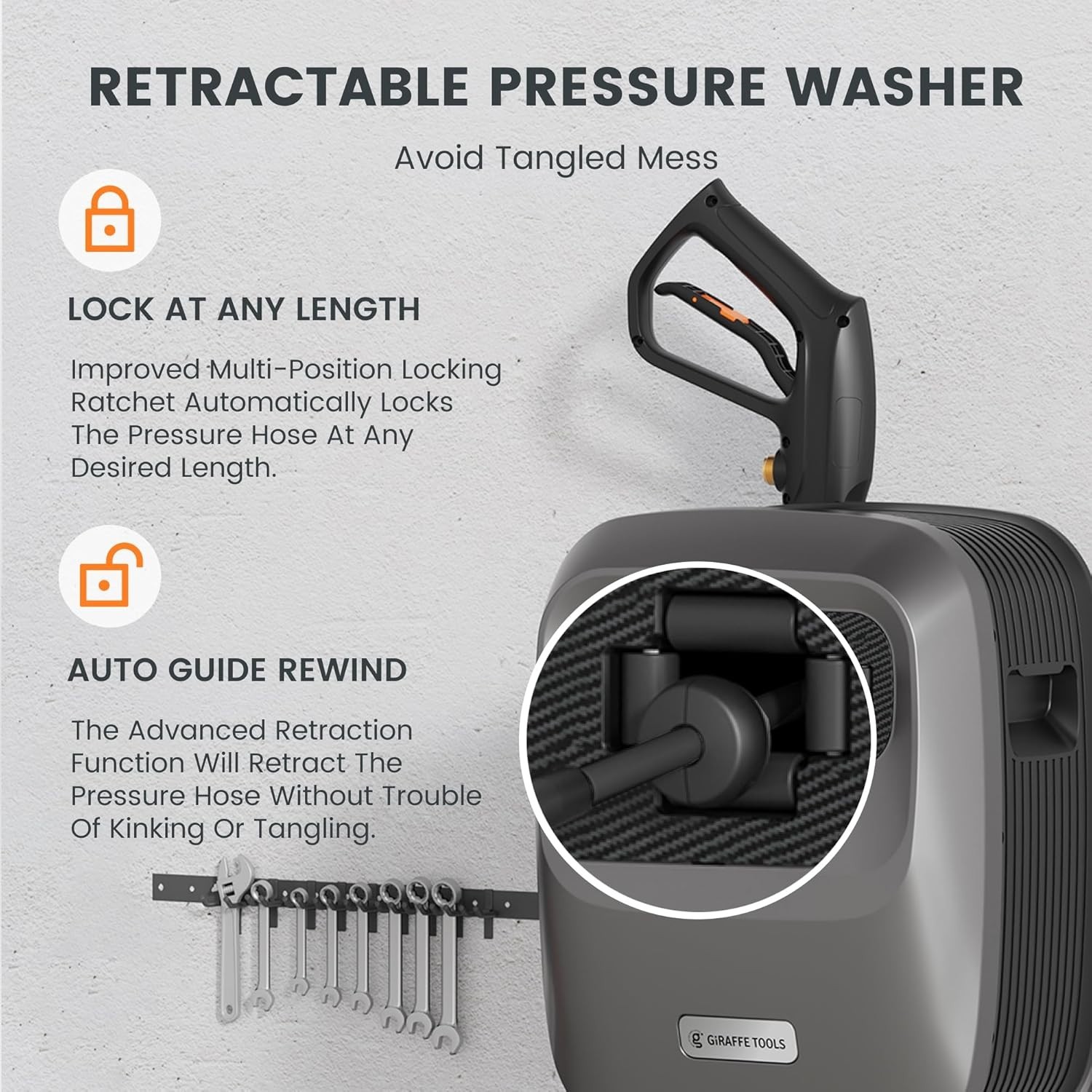 Giraffe Tools Max 2500 PSI Electric Pressure Power Washer 65FT Hose Retractable