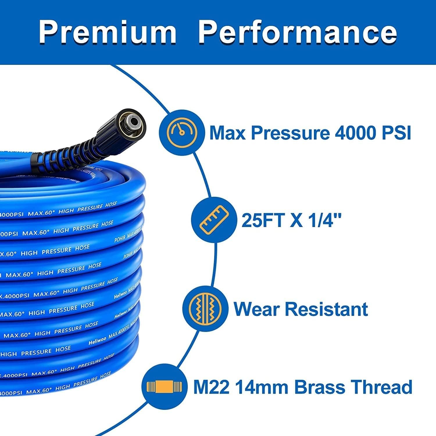 25FT x 1/4″ Flexible Pressure Washer Hose 4000 PSI M22 Fittings Gas & Electric