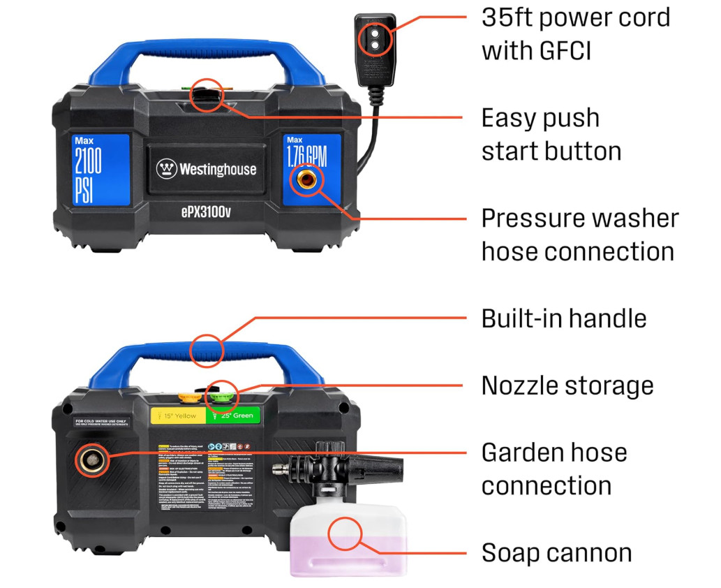 Westinghouse ePX3100v Electric Pressure Washer, 2100 PSI, Foam Cannon, 4-Nozzle