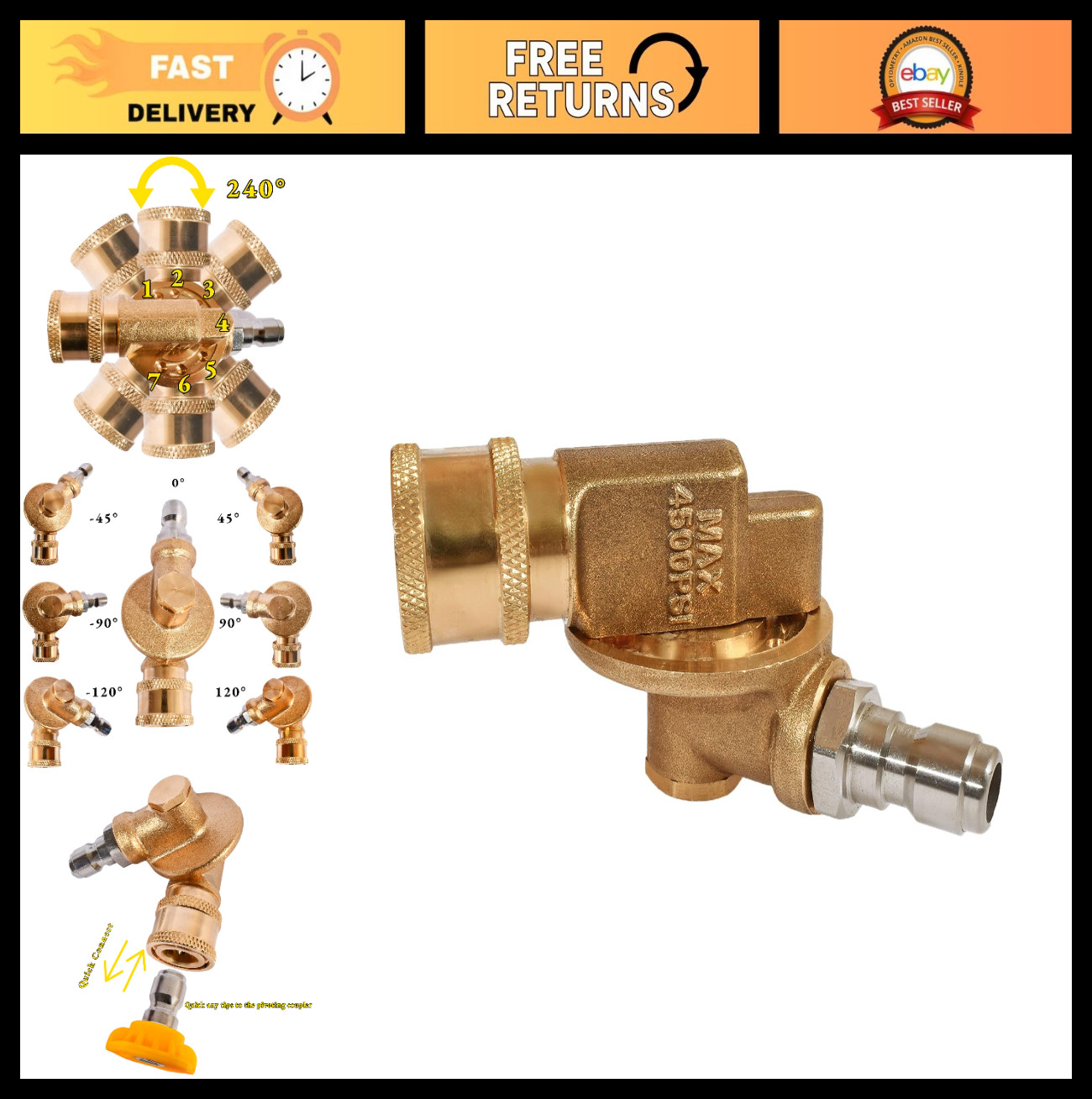 Pressure Washer Pivoting Coupler 1/4” Quick Connect 240° Rotation for Gutter & H
