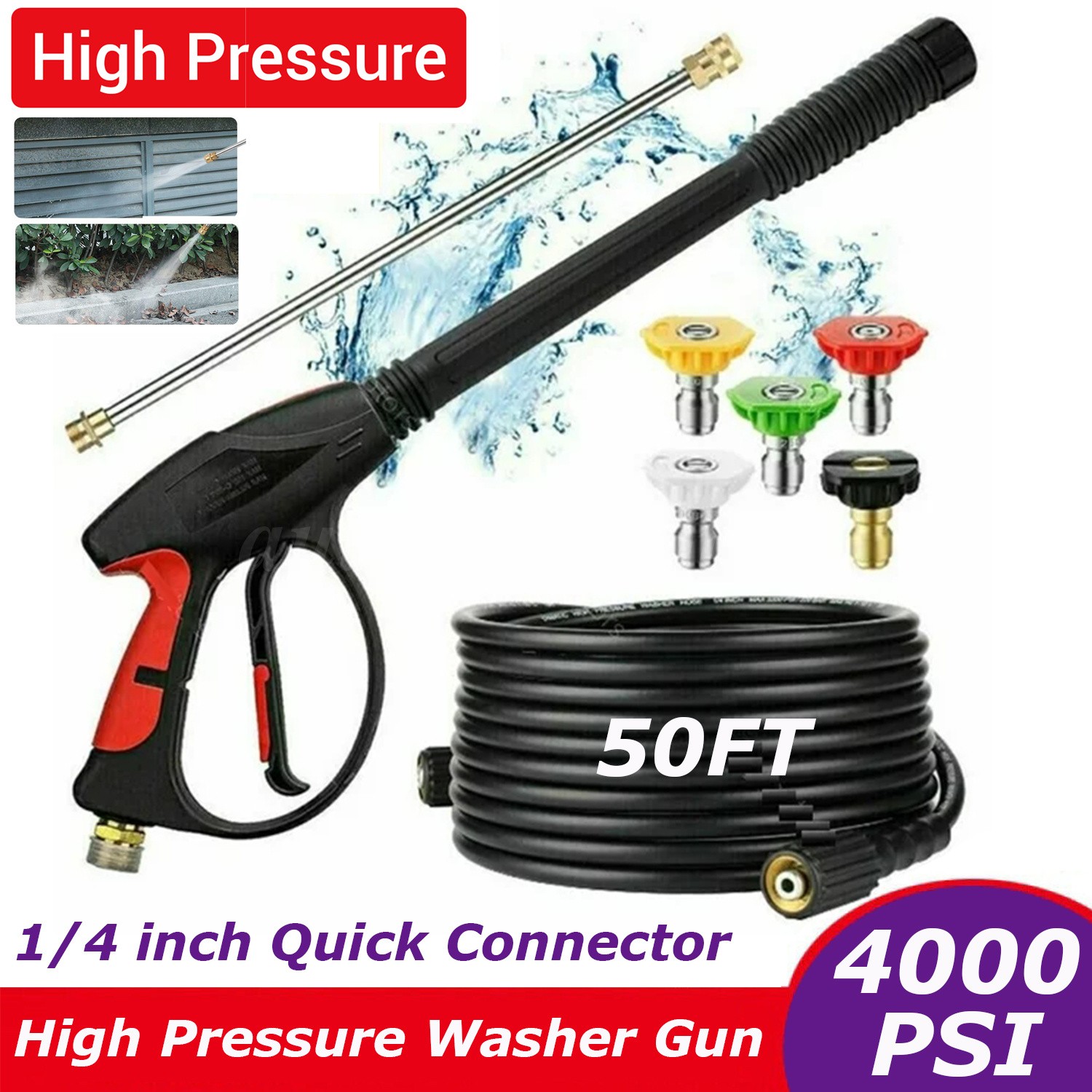4000PSI Pressure Washer Gun High Power Washer Handle M22-14mm 5 Nozzle Kit 50FT