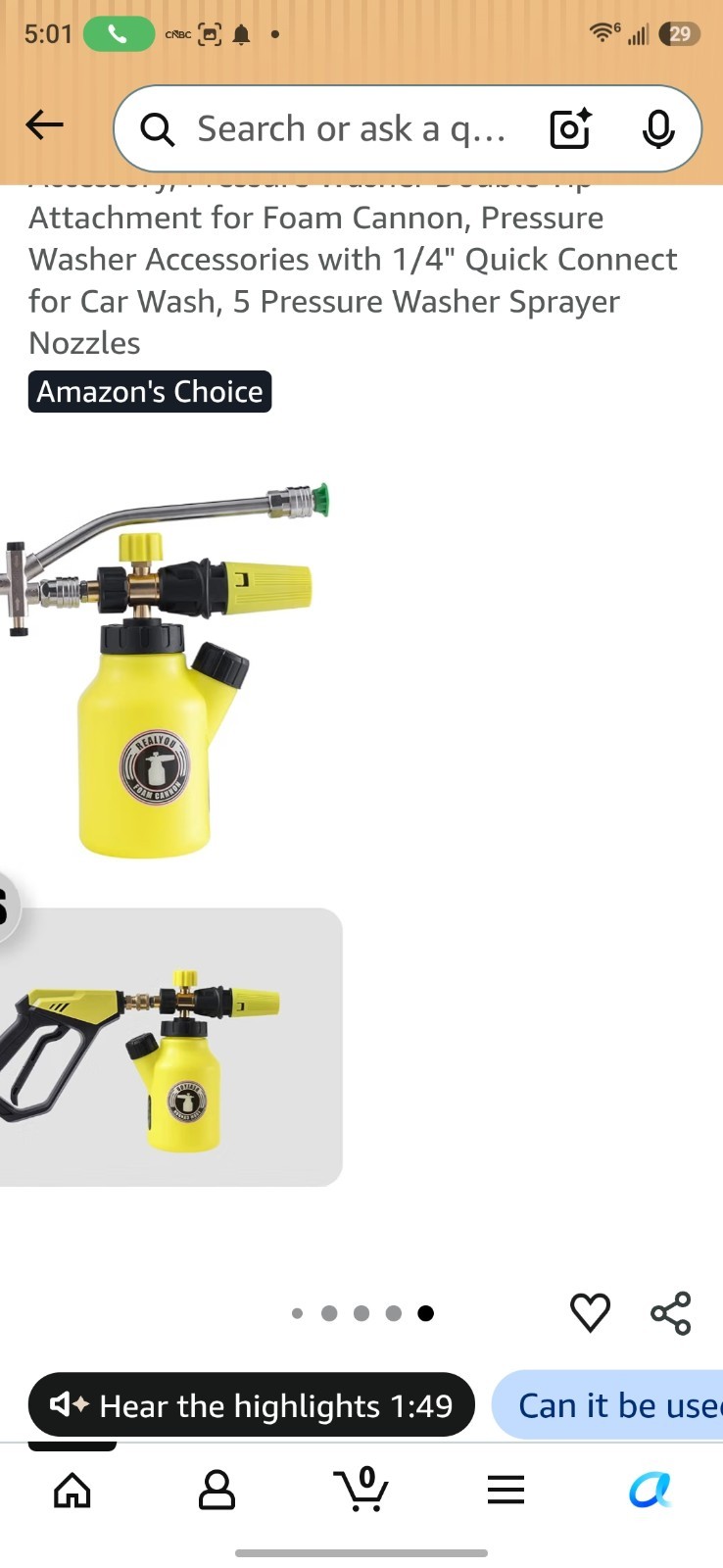 Foam Cannon Dual-Connector Attachment for Pressure Washer, 5 Nozzles, Car Wash