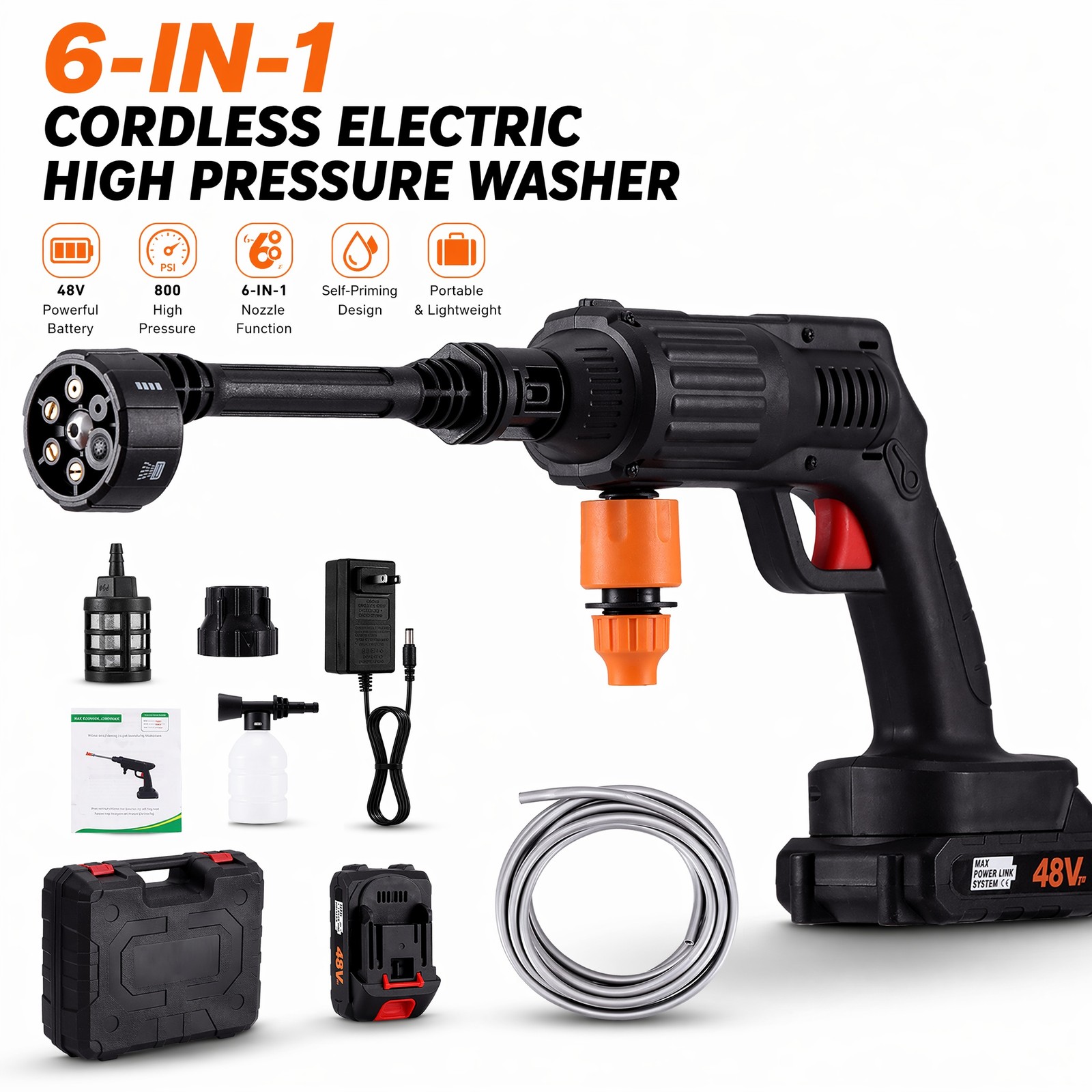 Cordless Pressure Washer 30 Bar 2 Batteries Car Wash Gun w/ Foam Cannon 6 Nozzle