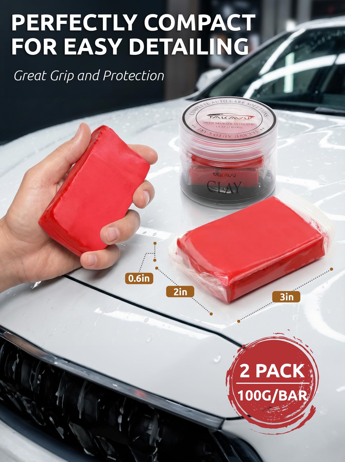 Car Clay Bars Auto Detailing 2 Pack 100g by TAKAVU, Premium Medium 2pcs, Red