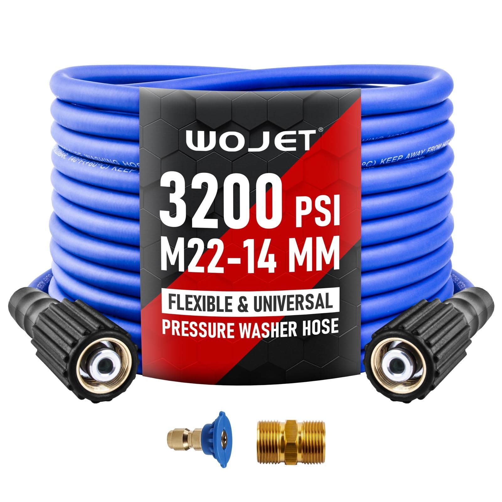 25ft Ultra Flexible Pressure Washer Hose, M22 14mm Non-Leak Fitting, 3200PSI