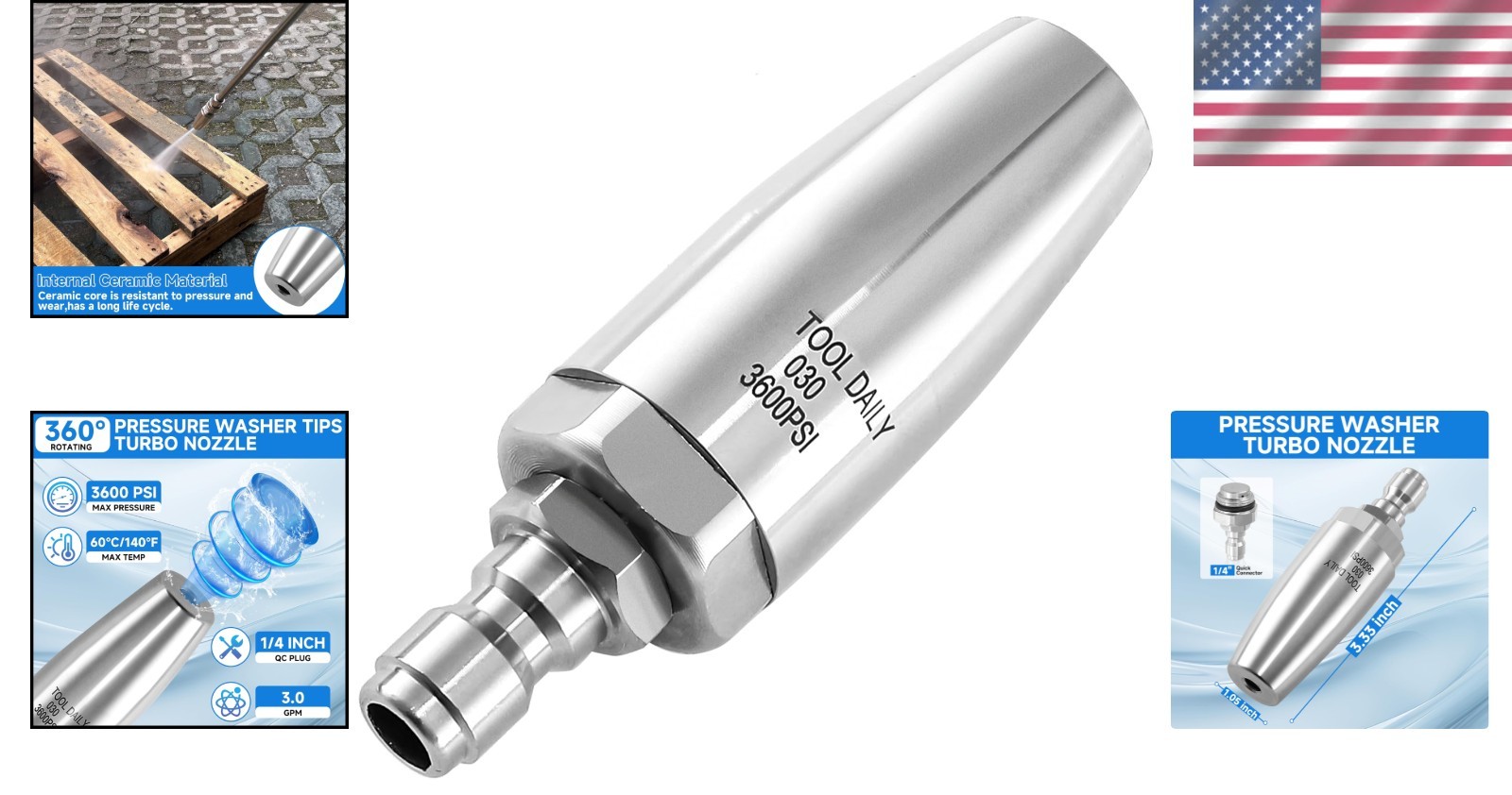 Durable Turbo Nozzle for Pressure Washers – 360° Rotating, 3.0 GPM, 1/4″ Connect