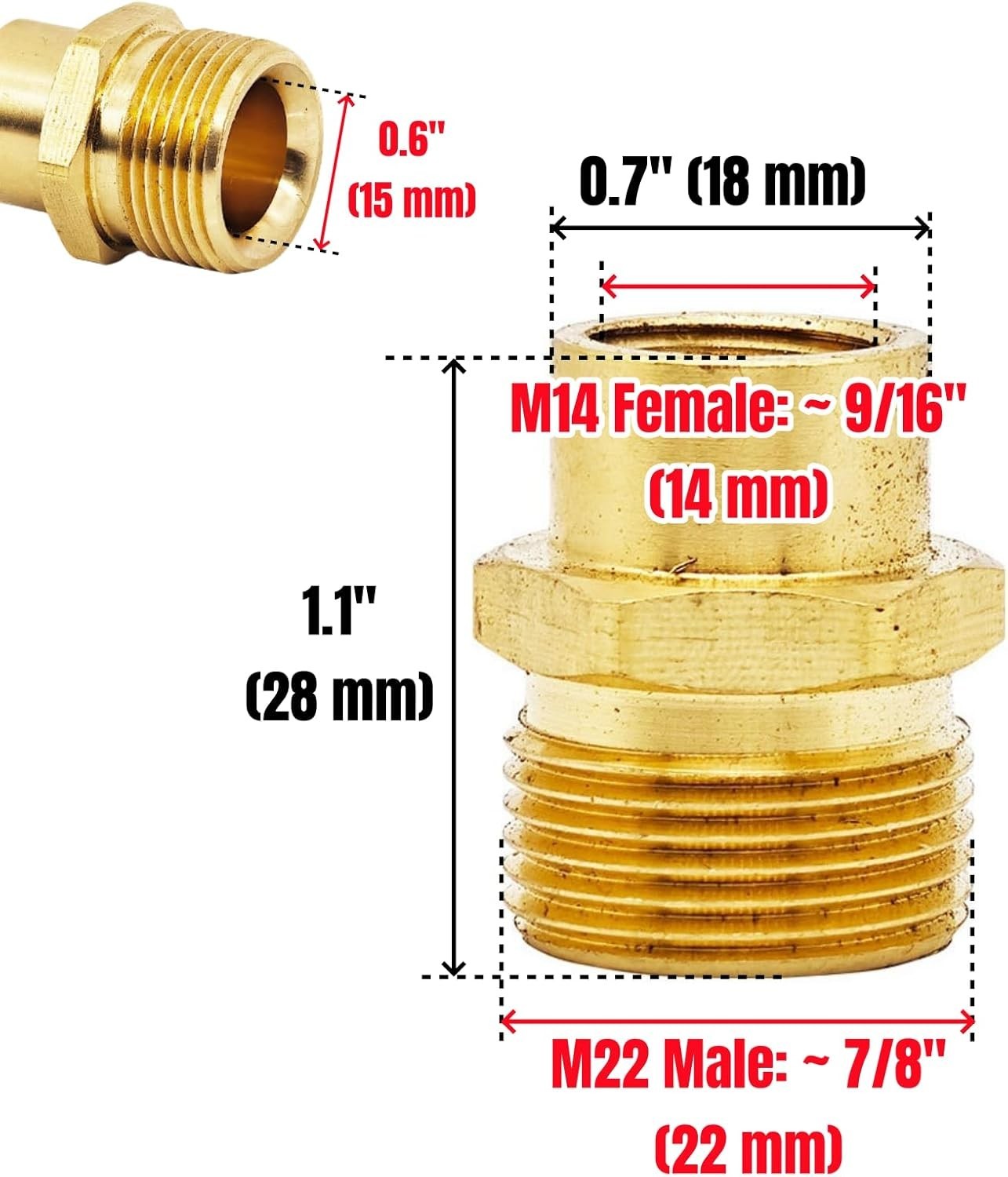 Selxran M14 Female to M22 Male Brass Hose Connector Adapter