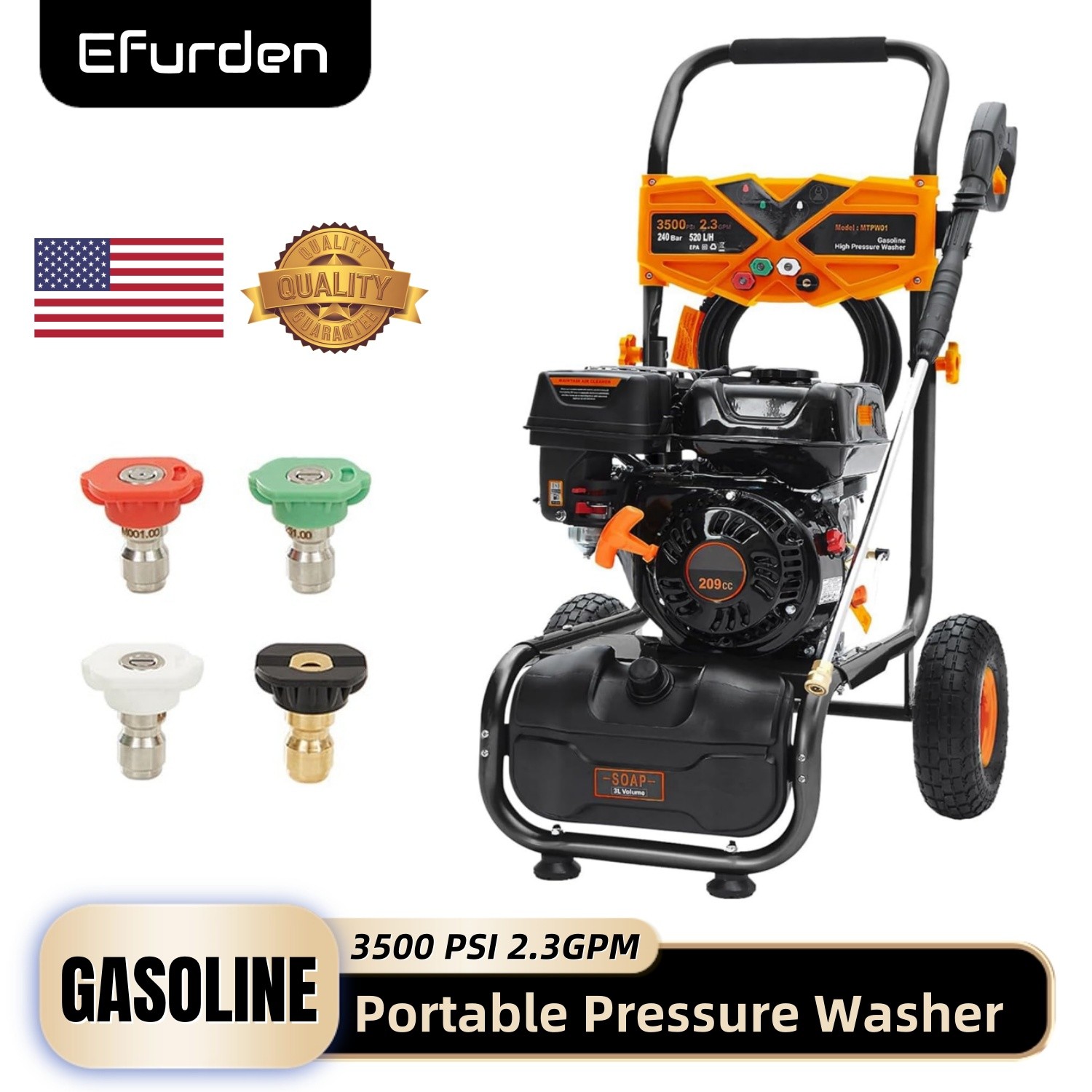Gas Powered Washer 3500 PSI 2.3 GPM 209cc 4 Quick Nozzles Gas Pressure Washer