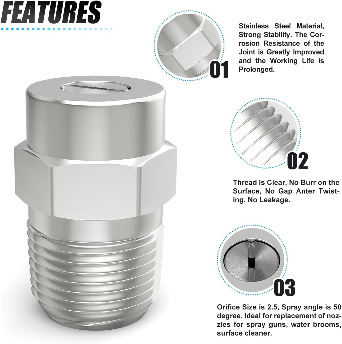 Effortless Cleaning: 50 Degree Stainless Steel Surface Cleaner Nozzles – 5-Pack