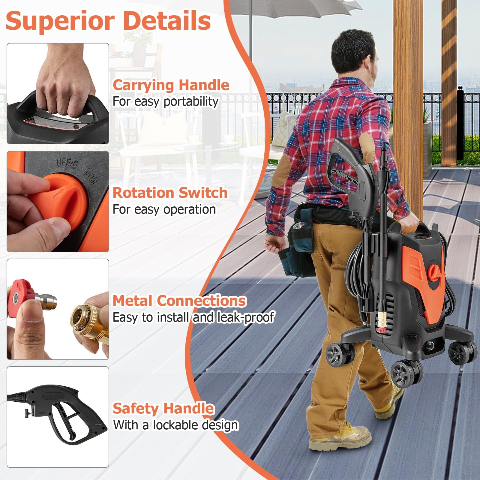 Costway Electric Pressure Washer 4 Universal Wheels 2400 Psi High Pressure