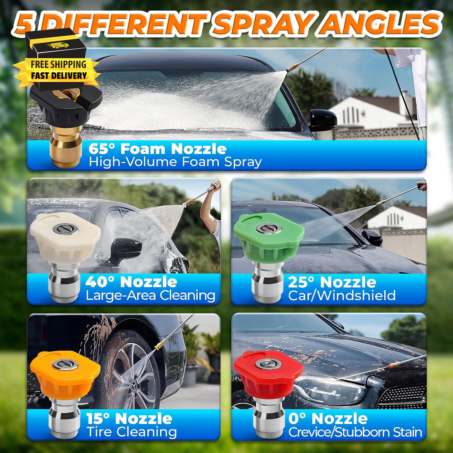 Pressure Washer Tips Set of 5 – Quick-Connect Foam Sprayer, Rust-Resistant & Ant