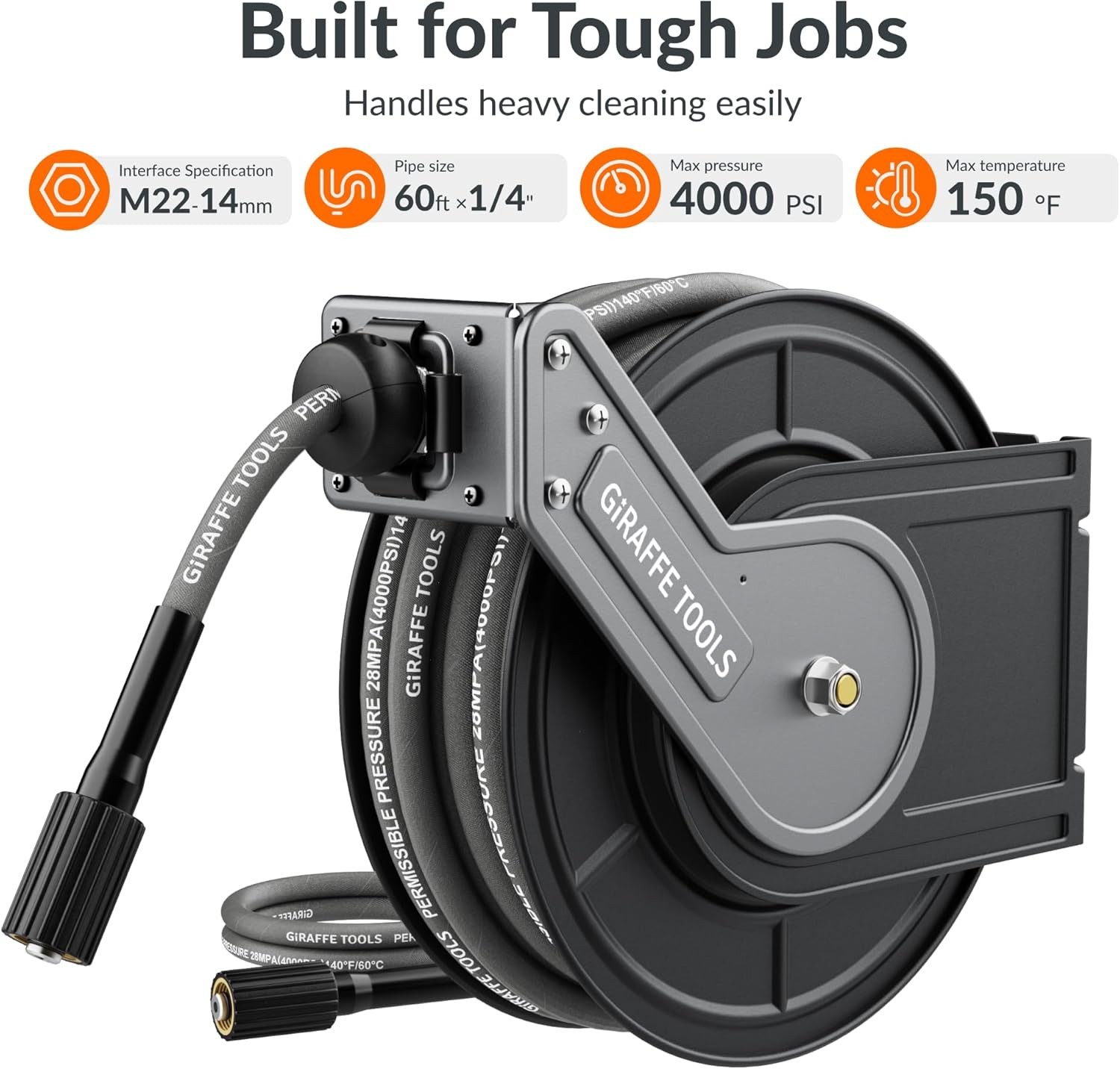 Pressure Washer Hose Reel 60ft 1/4″ Power Washer Hose Reel Automatic Rewind