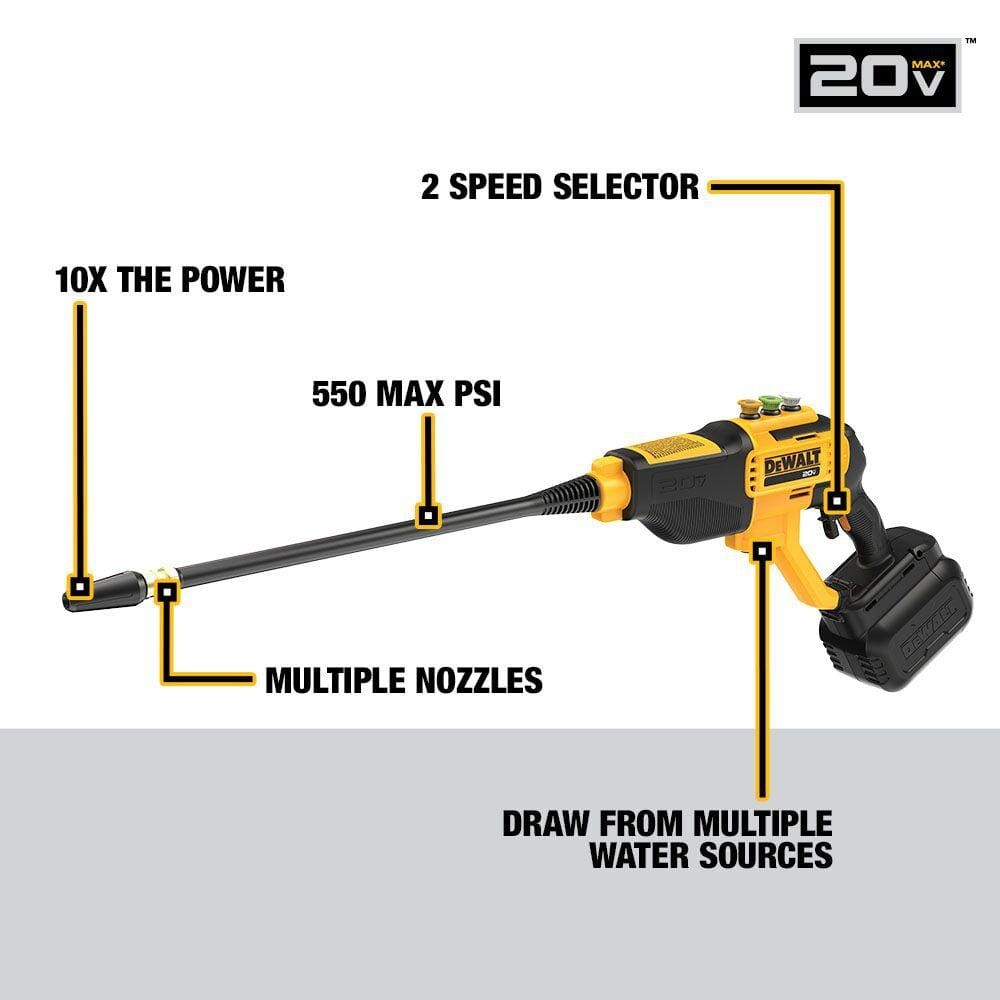 DEWALT 20V MAX 550 PSI 1.0 GPM Cordless Power Cleaner w 4 Nozzles Tool Only