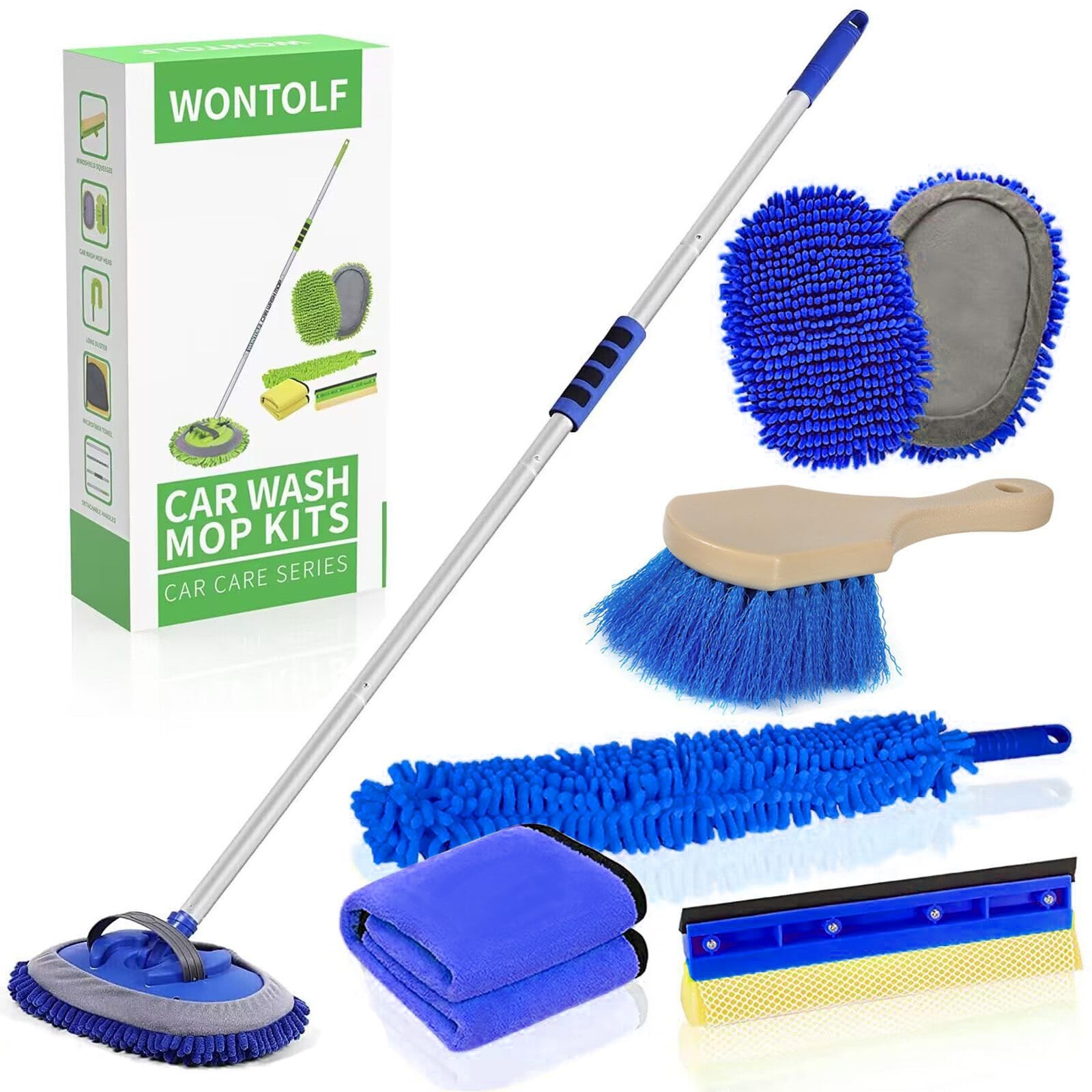 Wontolf 62” Car Wash Brush With Long Handle – Chenille Microfiber Mop Blue