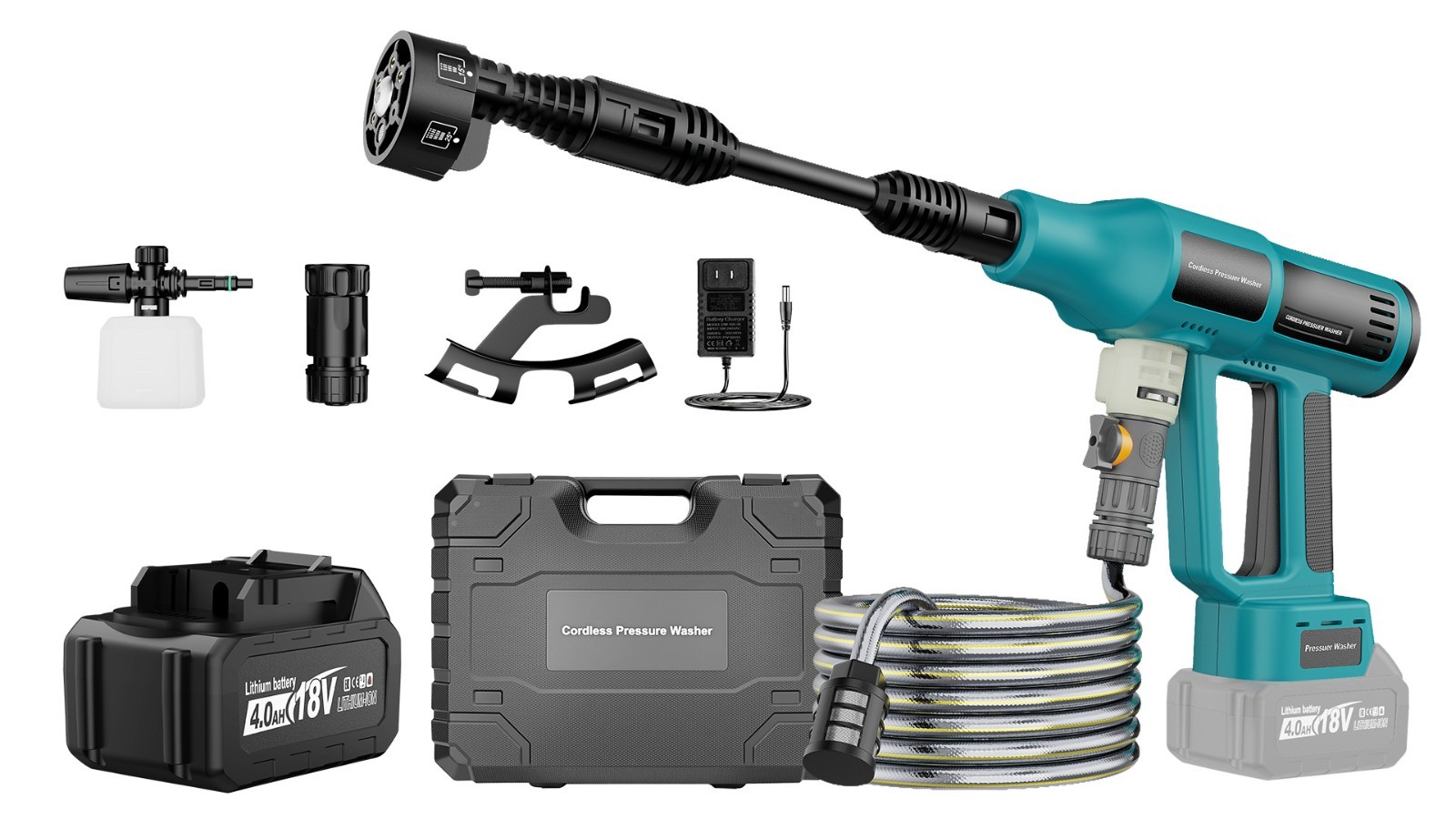 Portable Cordless Pressure Washer 700PSI, 4.0Ah Battery, 6-in-1 Nozzle, 5M Hose