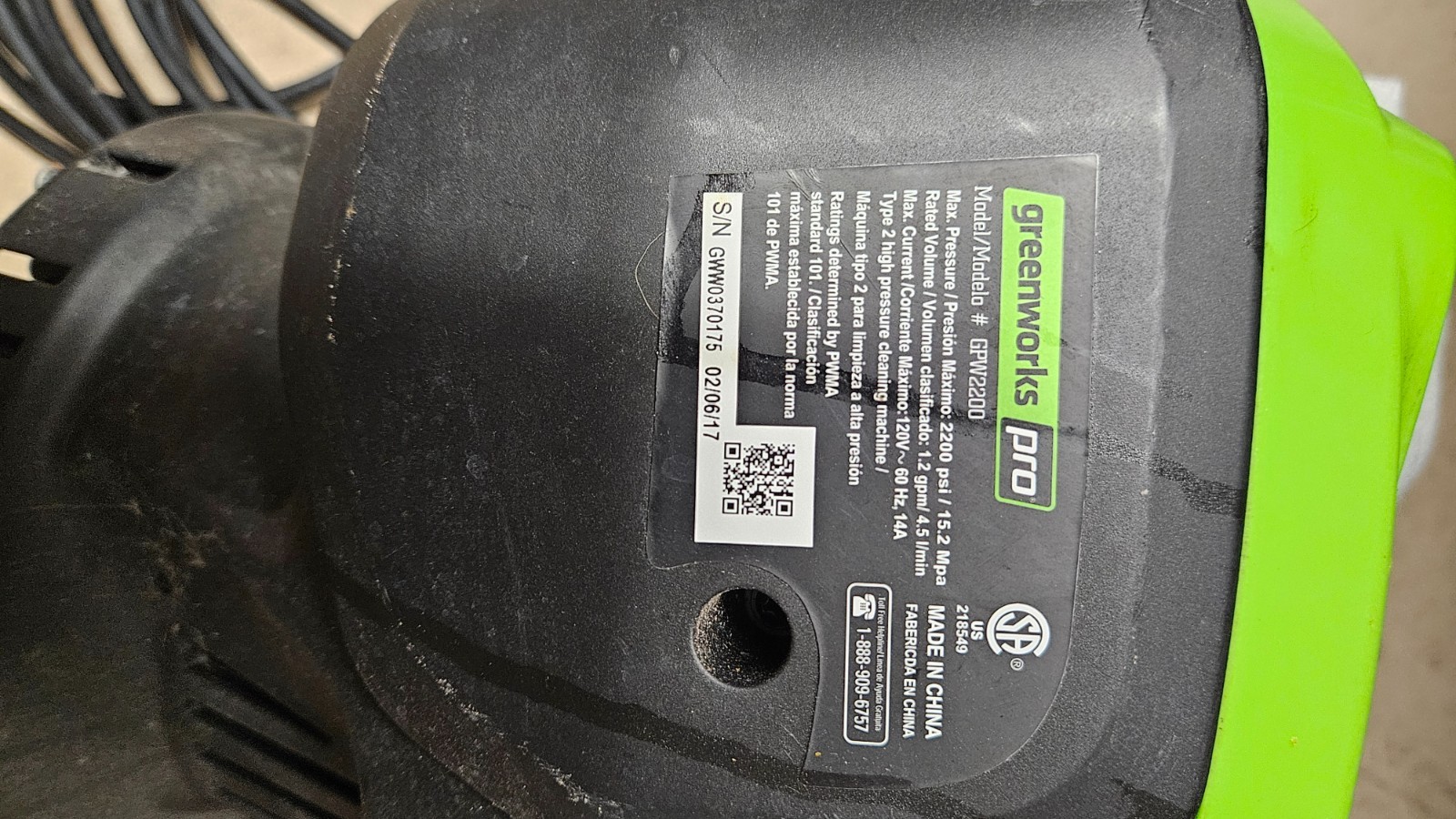 Parts – Greenworks PRO 2200 PSI Known Working Motor and Wiring. and GF plug