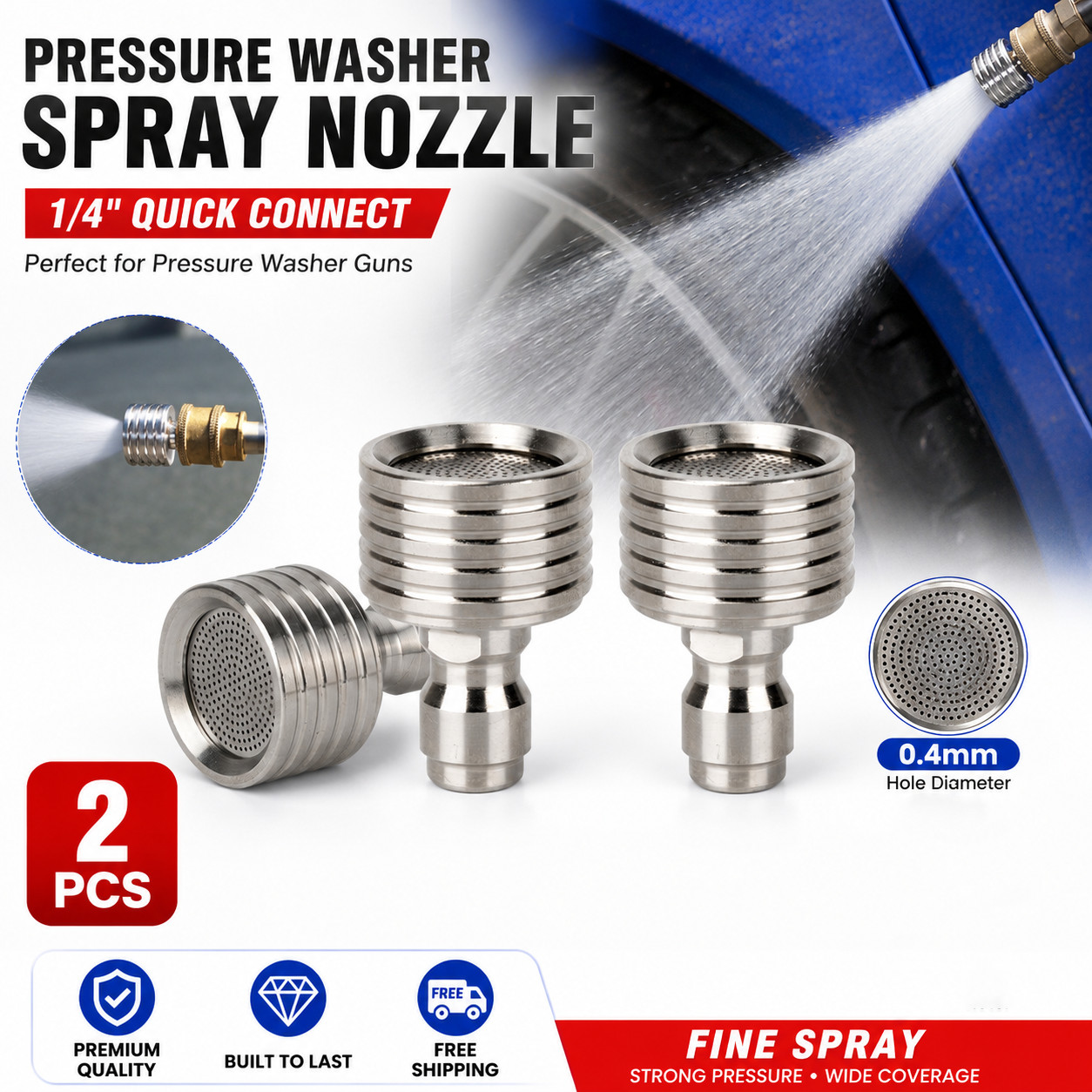 2Pcs High Pressure Washer Nozzle Tips, 1/4″ Quick Connect, 0.4mm Orifice, Steel