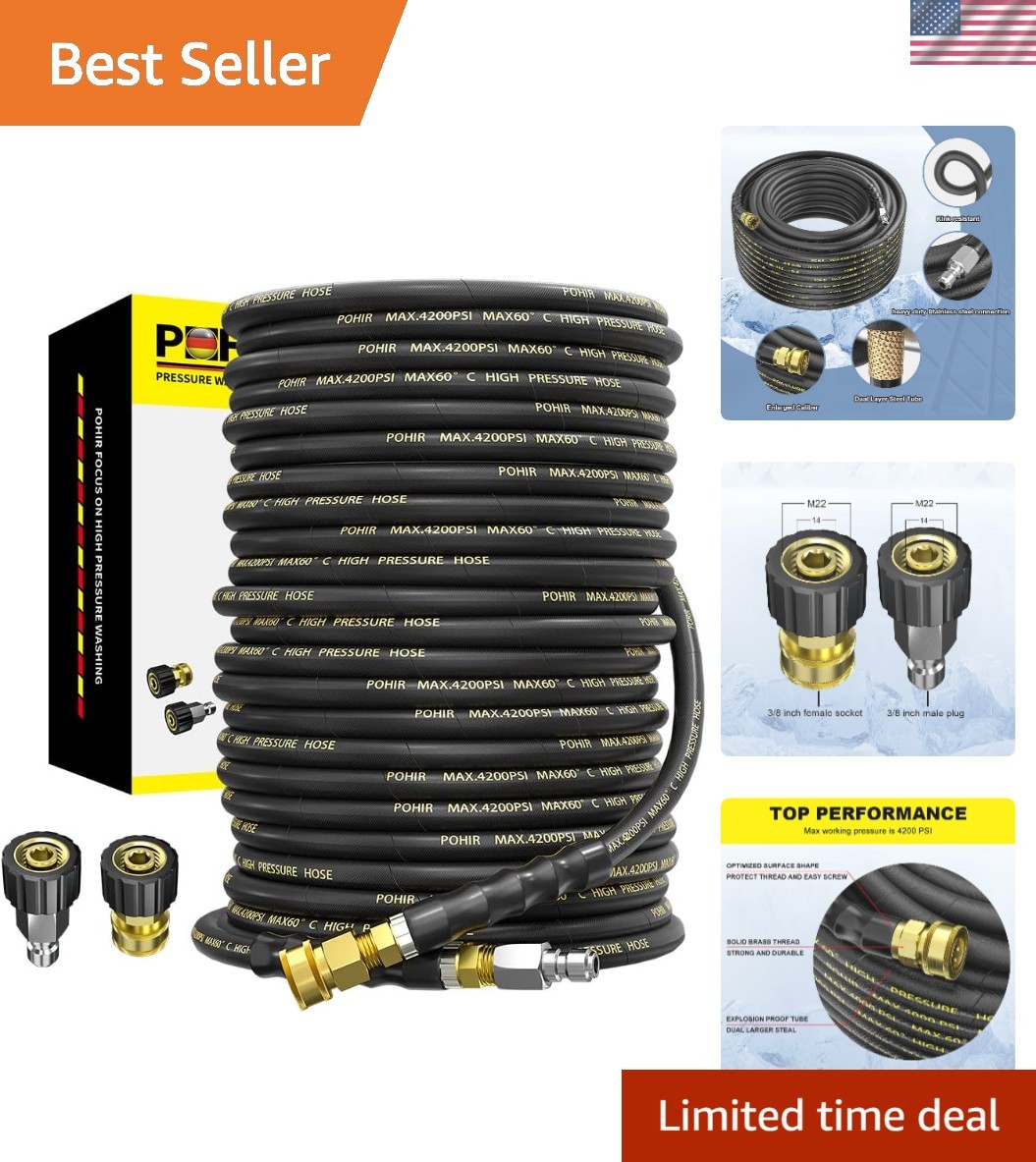 Lightweight 100FT Power Washer Hose, 3/8” Quick Connect, Compatible with M22