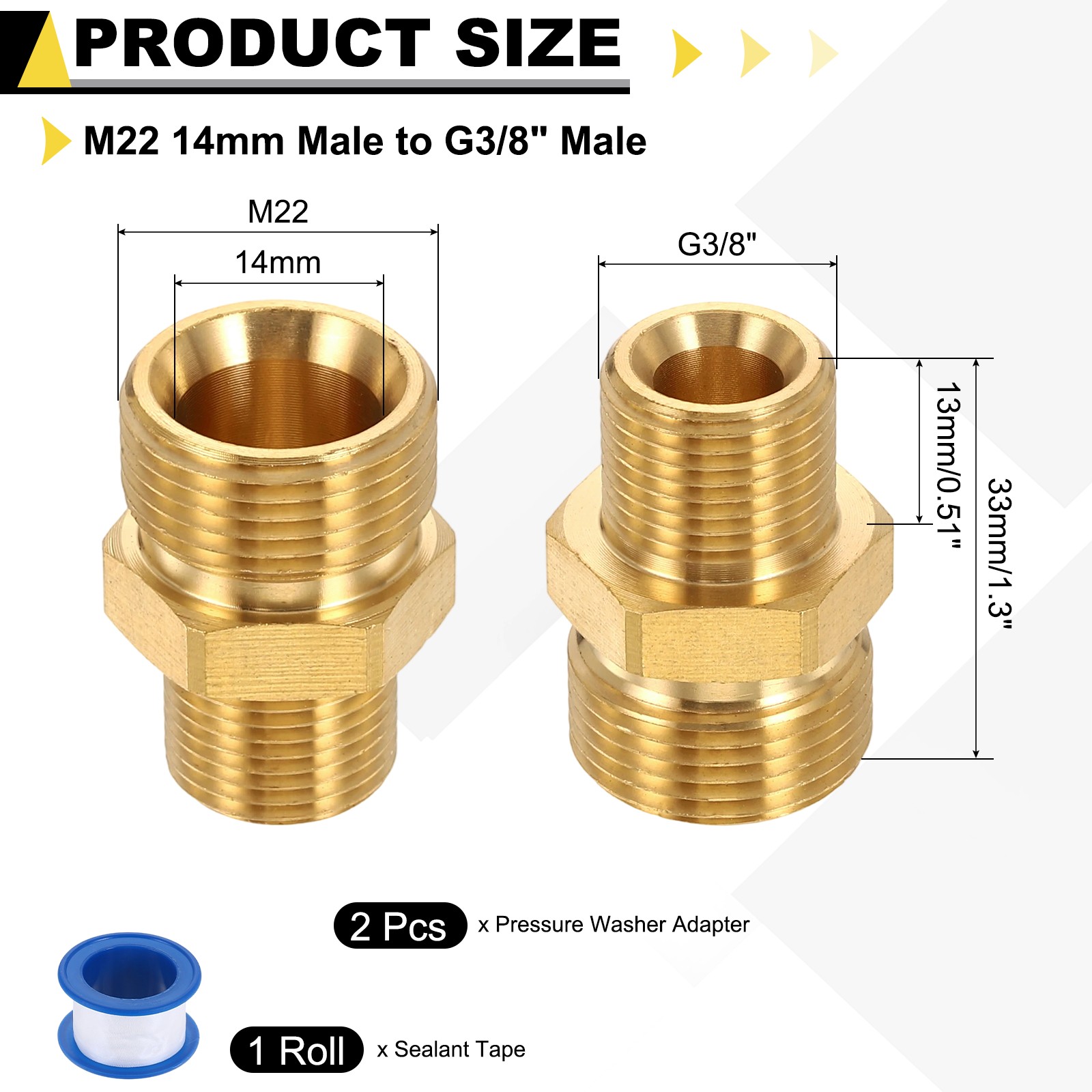 2Pcs Pressure Washer Adapter with Tape, M22 14mm Male to G3/8″ Male Flat