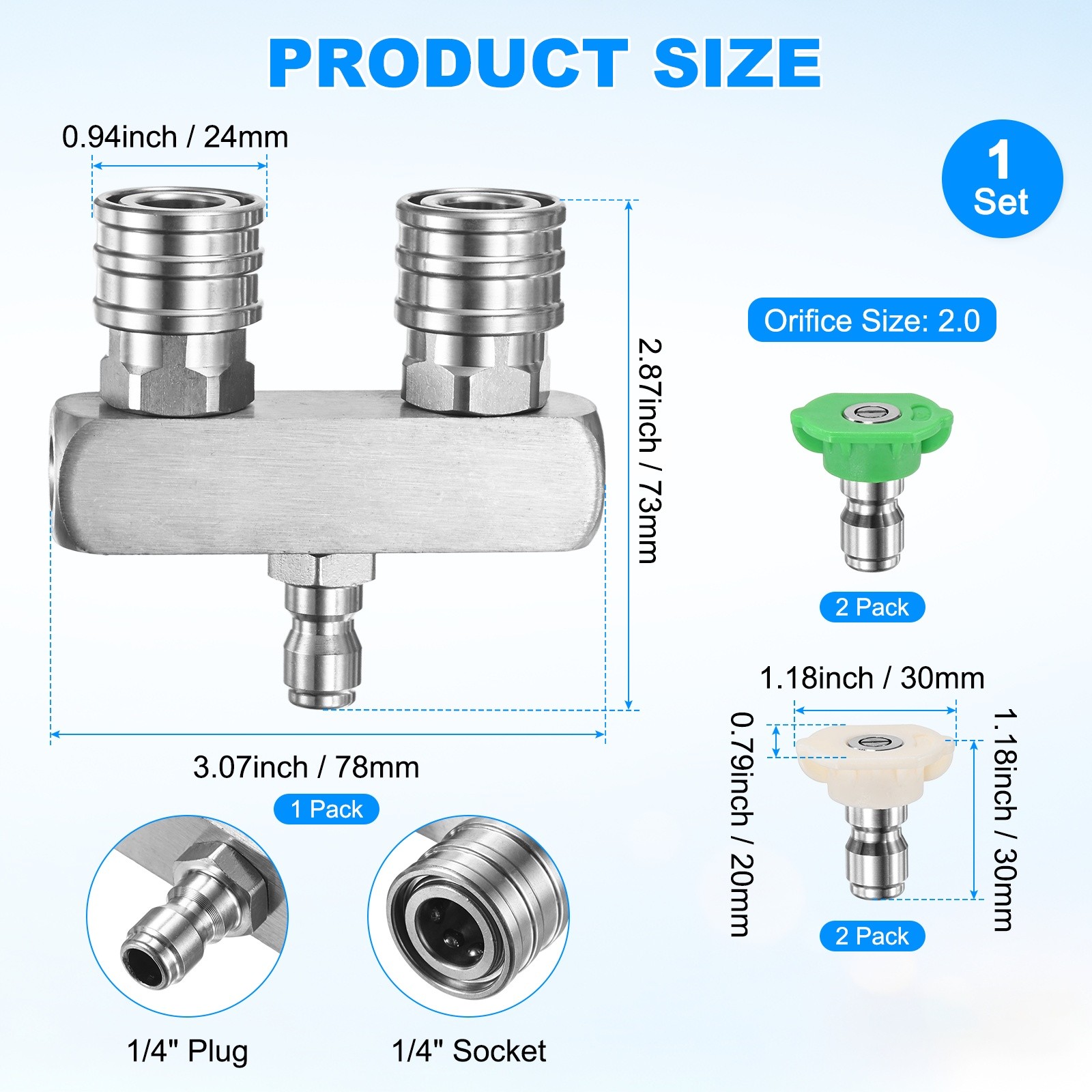 Set of 5 Pressure Washer Nozzles, Double Pressure 25/40° [Silver]
