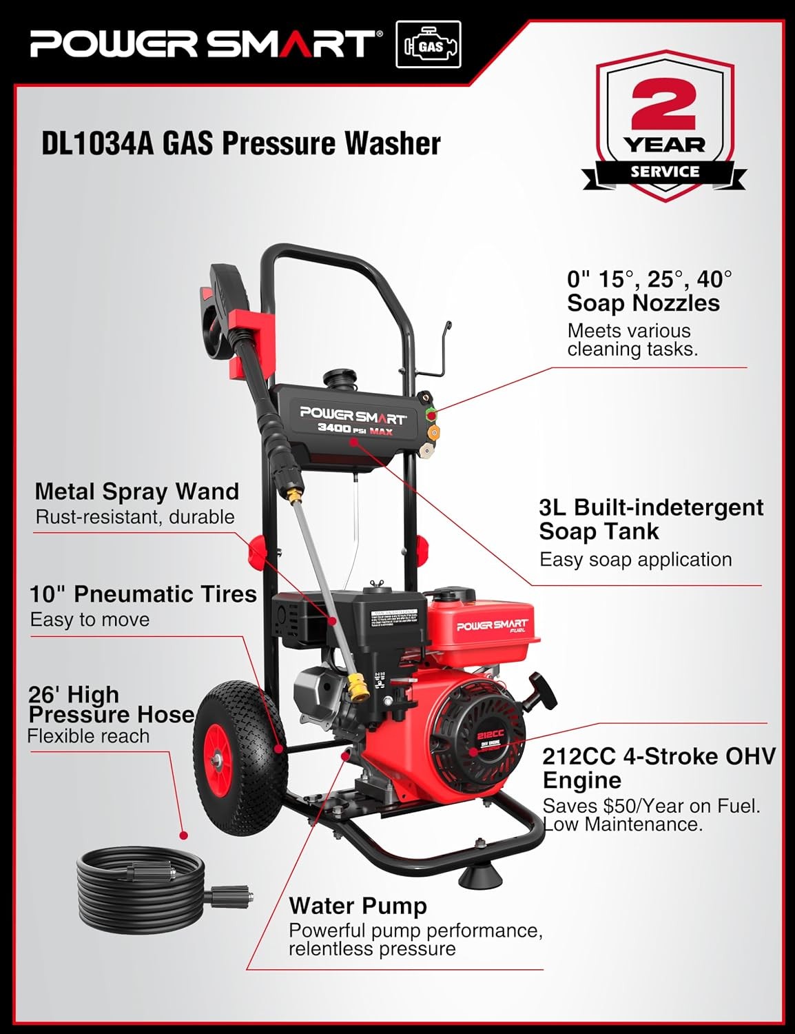 Gas Pressure Washer 3400 PSI 2.5 GPM 212CC W/ Onboard Soap Tank Metal Spray Wand