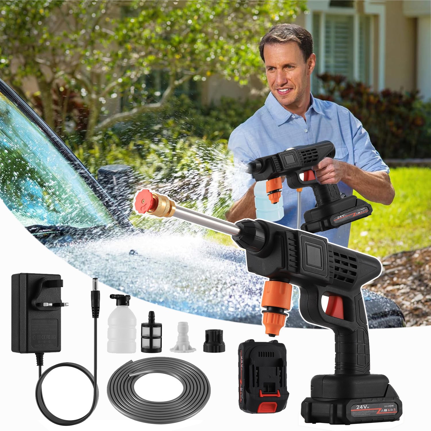 High Pressure Car Power Washer Gun Spray Wand Lance Nozzle and Hose Kit+2 Batter