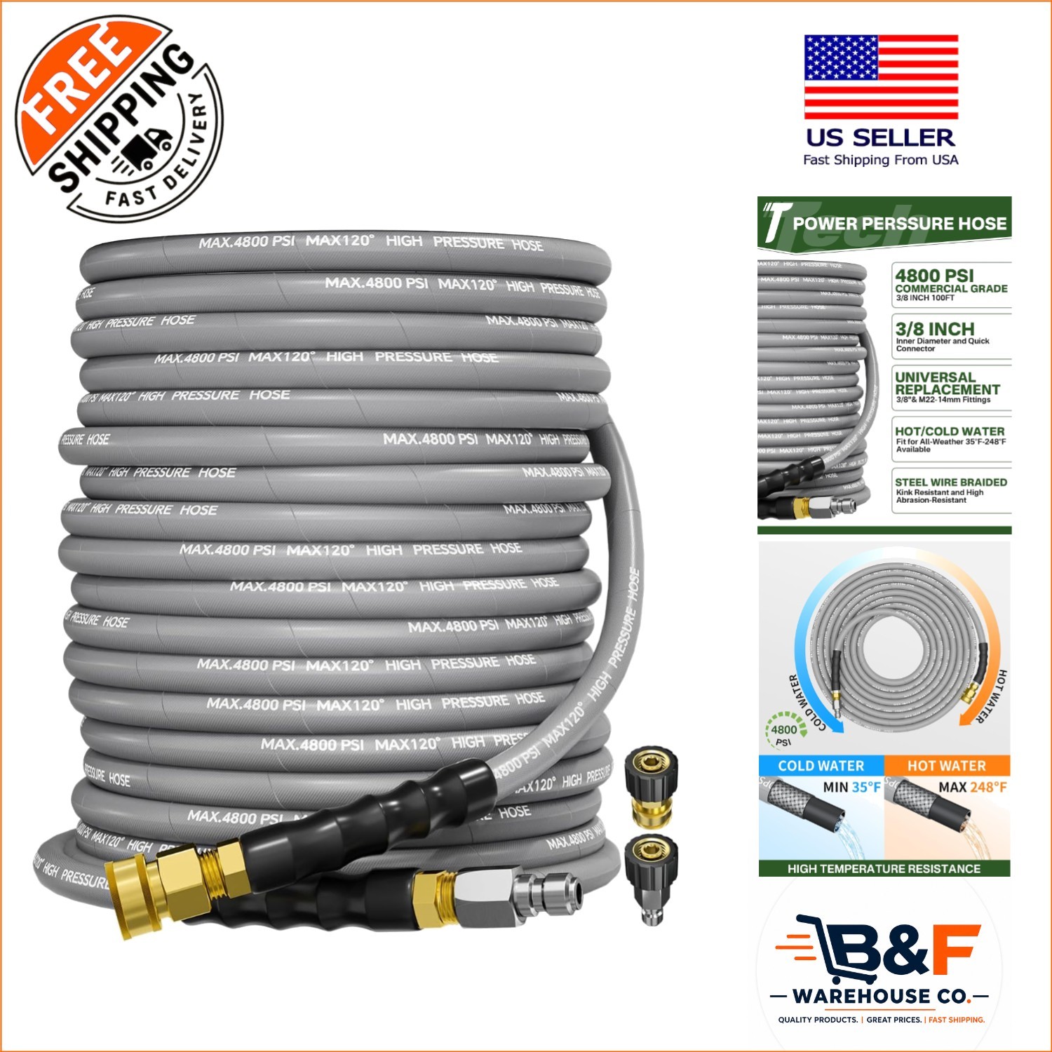 Commercial-Grade 100FT High Pressure Washer Hose with Quick Connect – 4800PSI