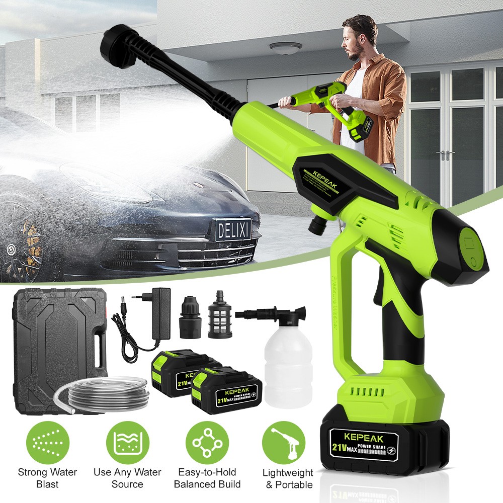 Cordless High Pressure Car Washer Water Spray Gun w/ 6-in-1 Nozzle & 2 Batteries