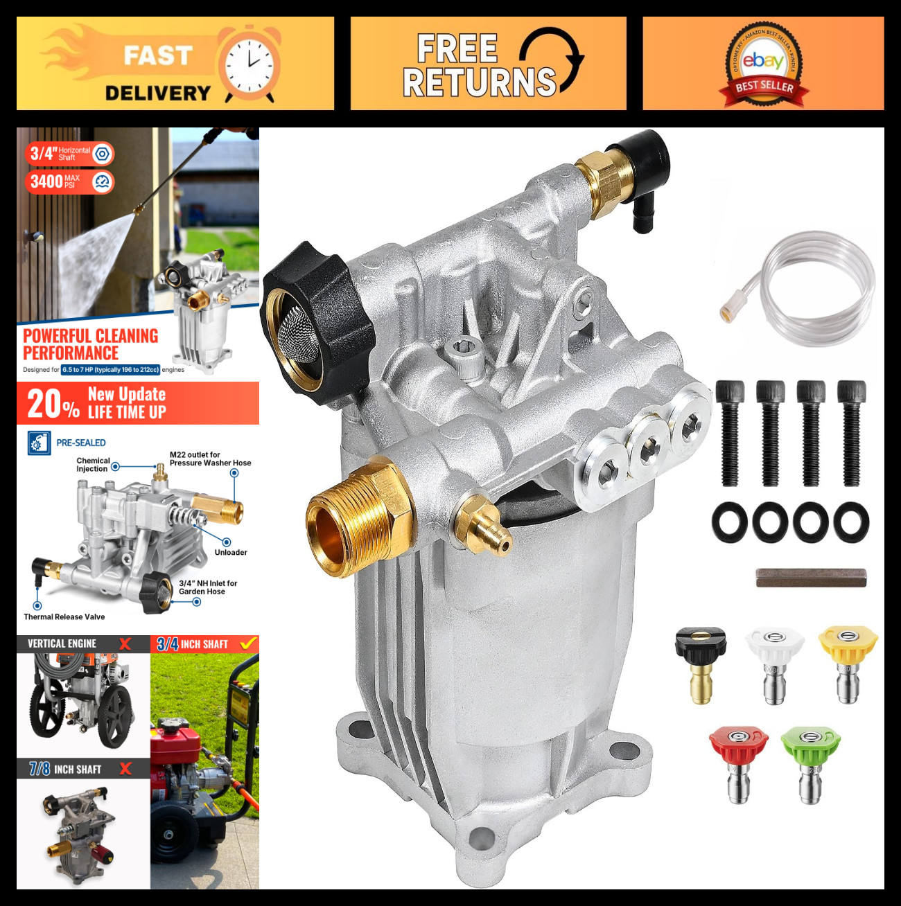 3/4″ Shaft Horizontal Pressure Washer Pump 3400 PSI 2.5 GPM | Fits Homelite, Tro