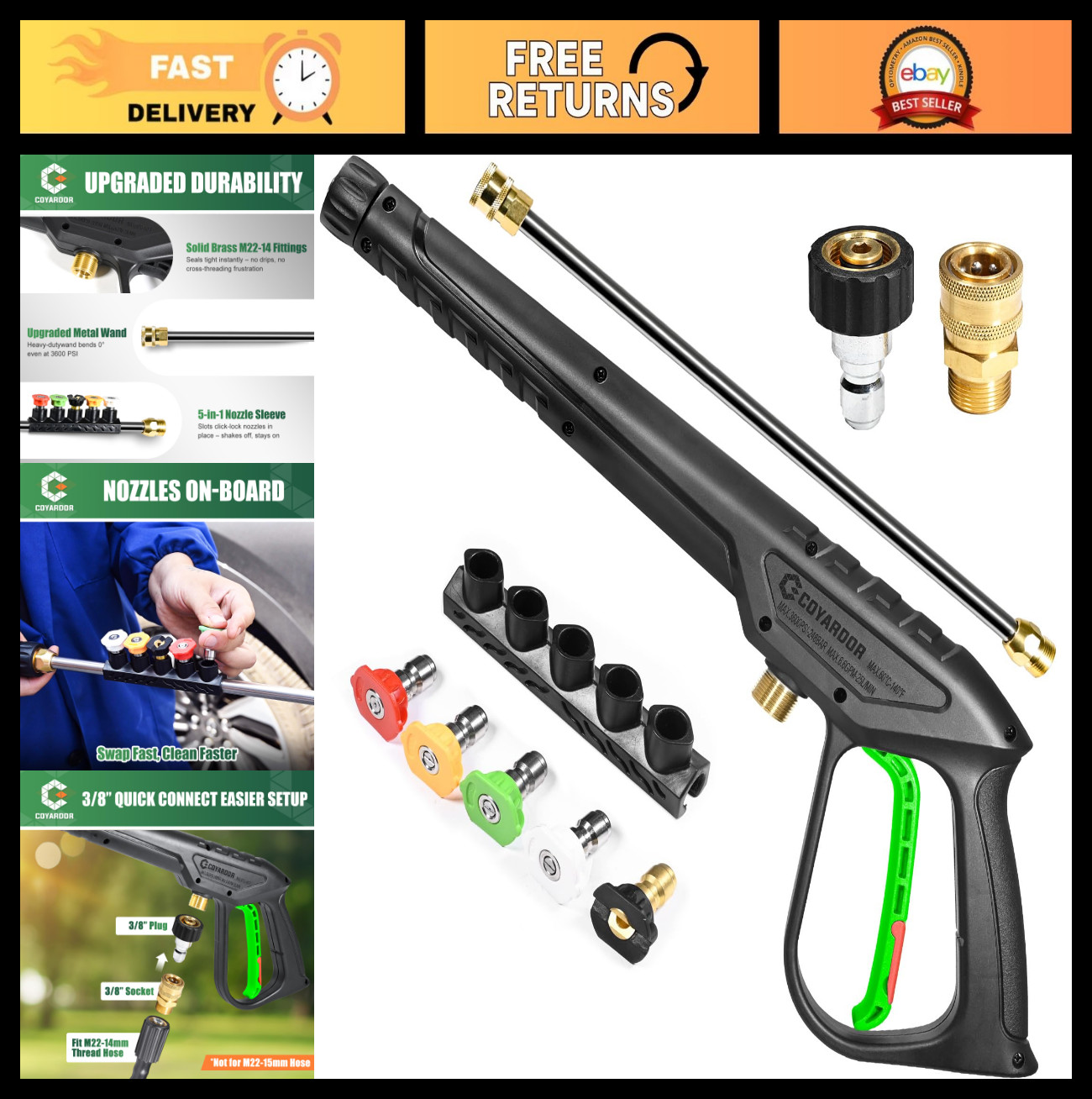 High-Pressure Washer Gun 3600 PSI, Extension Wand, 5 Spray Tips & Nozzle Holder
