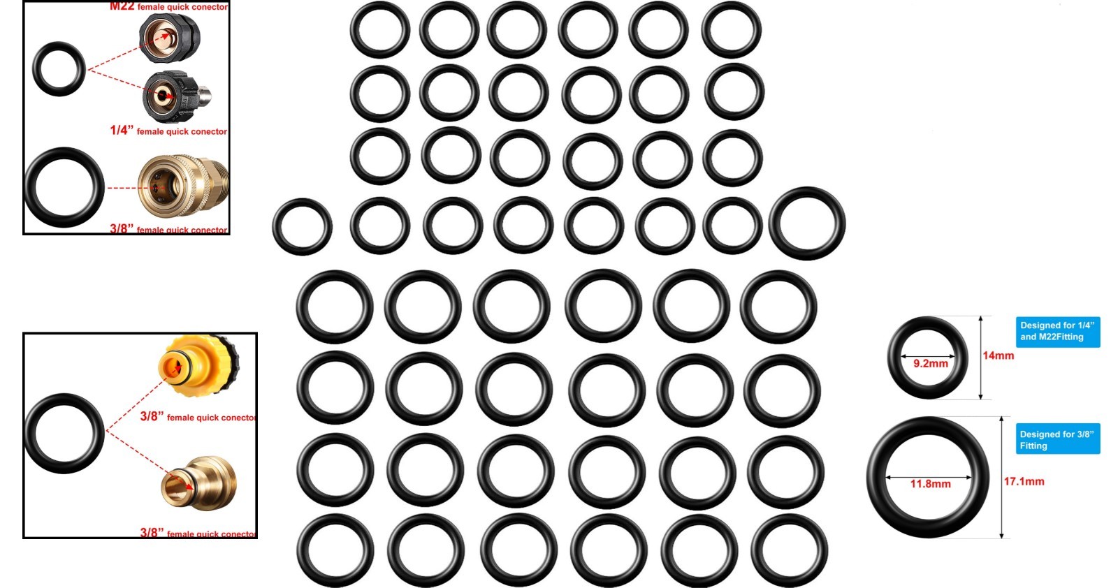 50 Quality Rubber O-Rings for Pressure Washers – Fits 1/4 & 3/8 Inch Connections