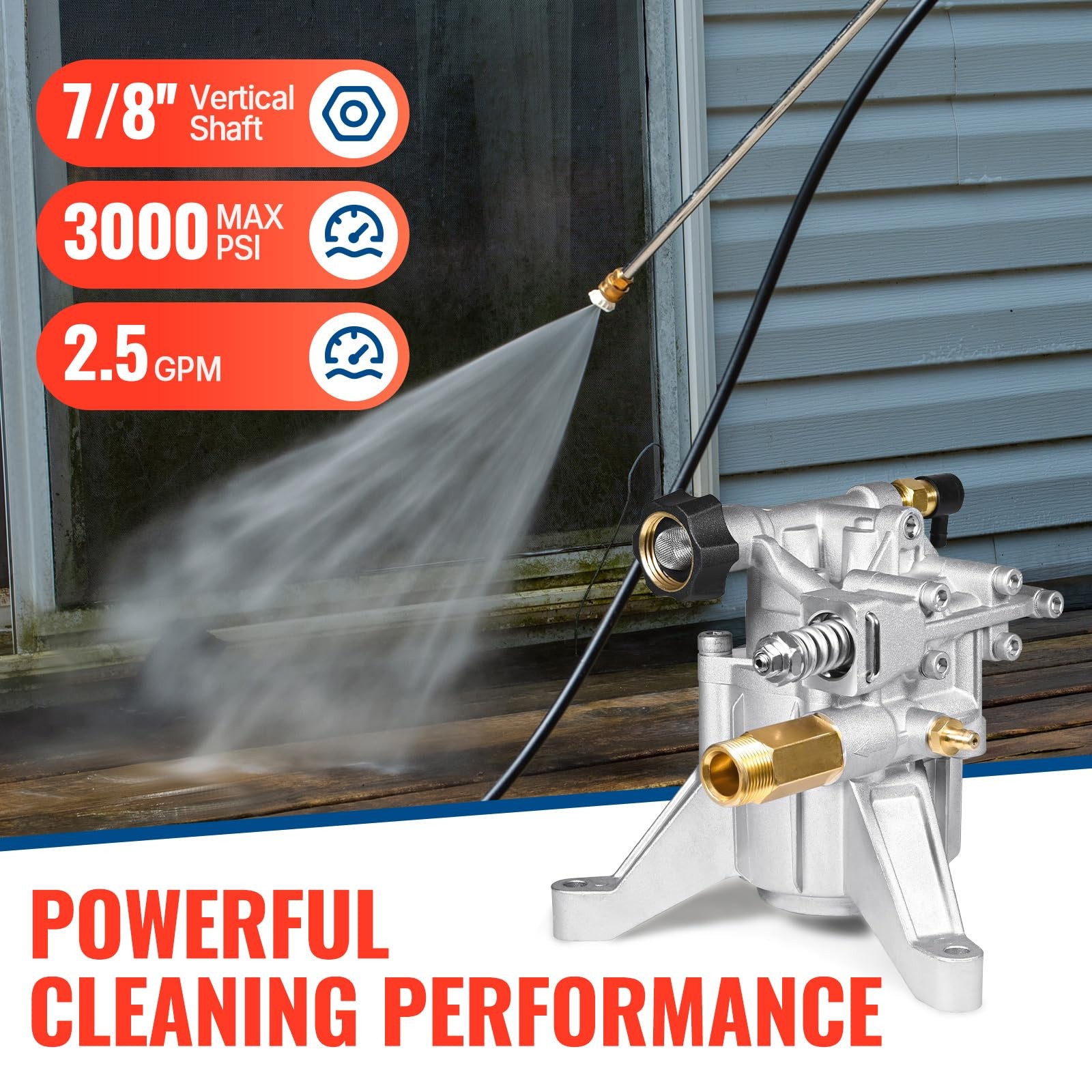 Pressure Washer Pump 7/8 Inch Shaft 3000 PSI 2.5 GPM Vertical Rear Inlet Outlet