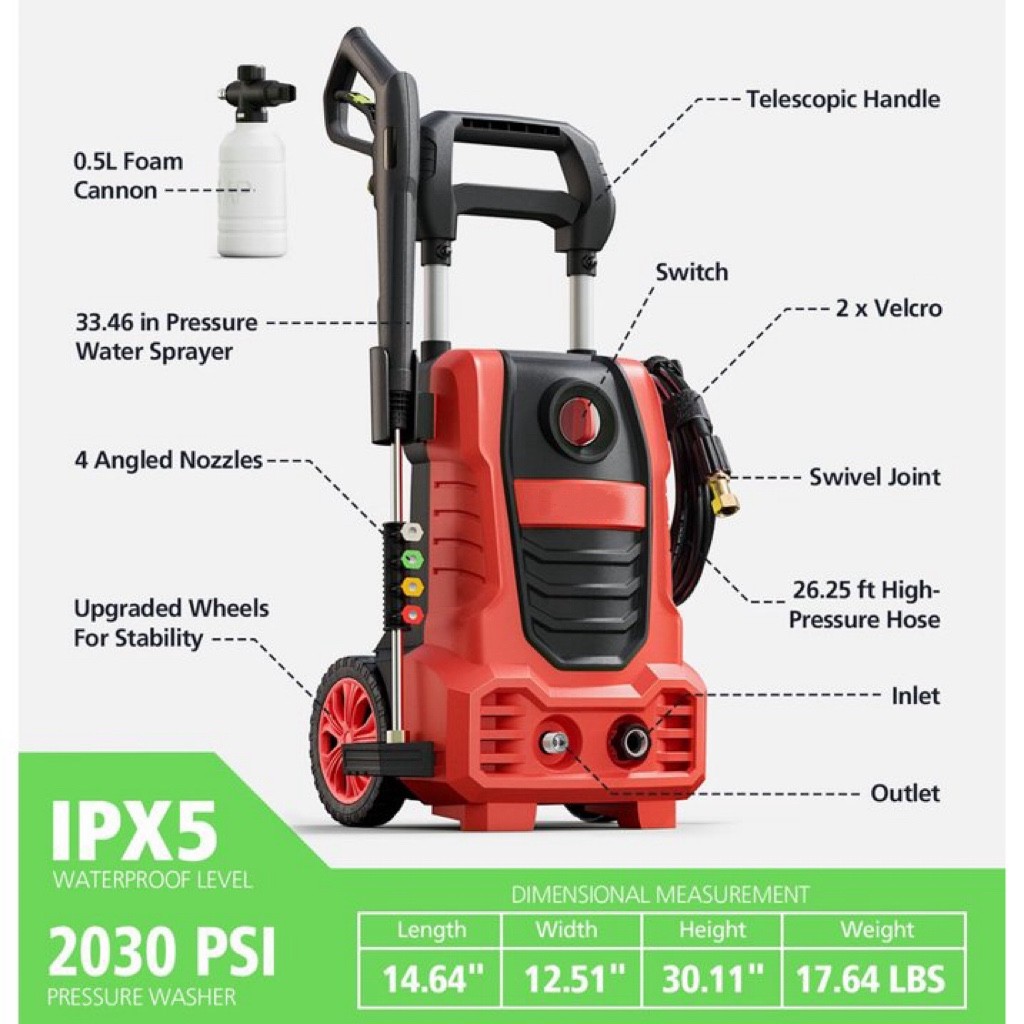 New — Electric Pressure Washer, 26 FT Hose Pressure Cleaner 2030 PSI – Red